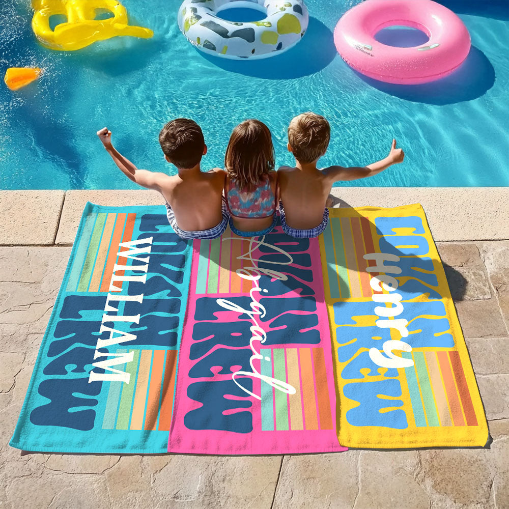 Toalla de playa de gran tamaño de secado rápido con nombre personalizada con diseño de rayas multicolor Primo Crew Regalo esencial para viajes de vacaciones de verano para la familia Niños