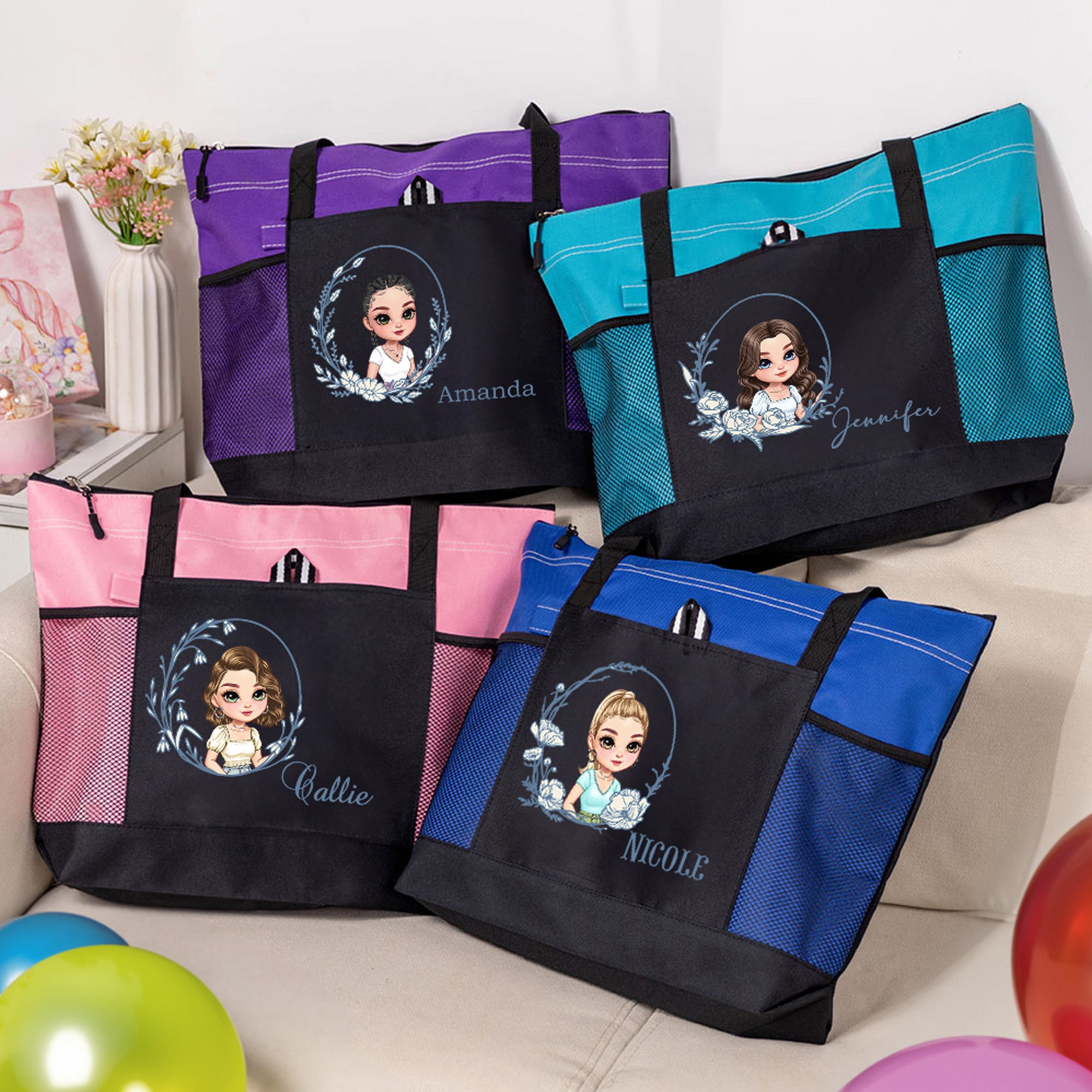 Personalizada Nacimiento Flor Caricatura Personaje Bolsa Tote con Nombre y Bolsillos de Malla Esenciales de Viaje Boda Cumpleaños Aniversario Regalo para Mujeres