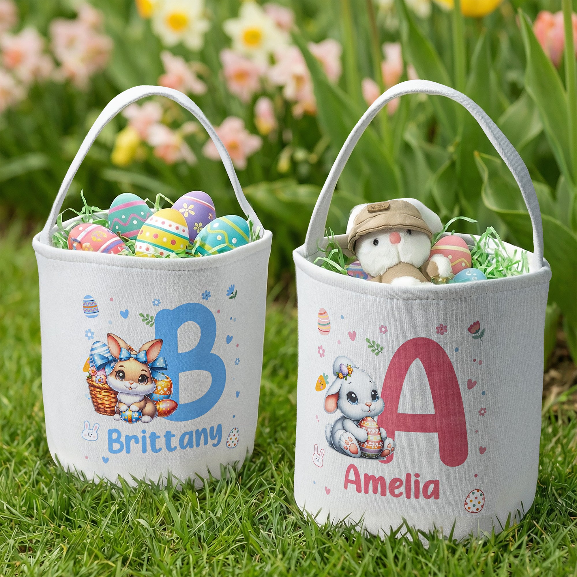 Cesta de Pascua de lona personalizada con conejito y su nombre e inicial Accesorios para la caza del huevo Regalo de Pascua para niños Niñas