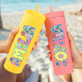 Personalizado Multicolor Flor Nombre 16 oz Skinny Vaso con Pajita y Nombre Fiesta en la Playa Vacaciones de Verano Cumpleaños Regalo para Amigo Familia Novia
