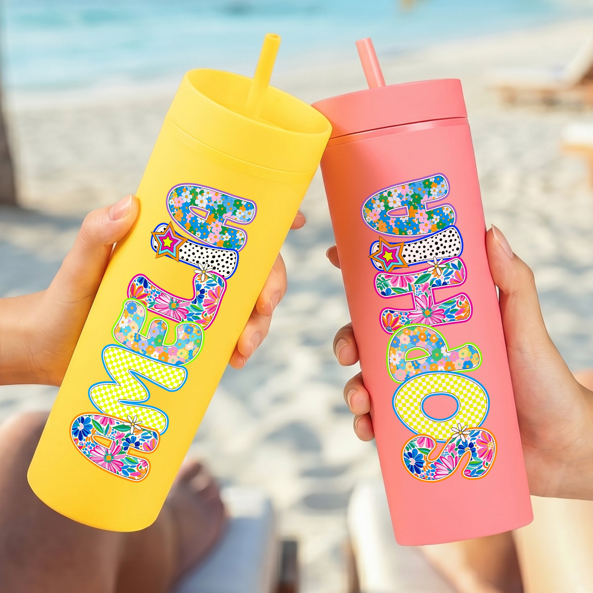 Personalizado Multicolor Flor Nombre 16 oz Skinny Vaso con Pajita y Nombre Fiesta en la Playa Vacaciones de Verano Cumpleaños Regalo para Amigo Familia Novia