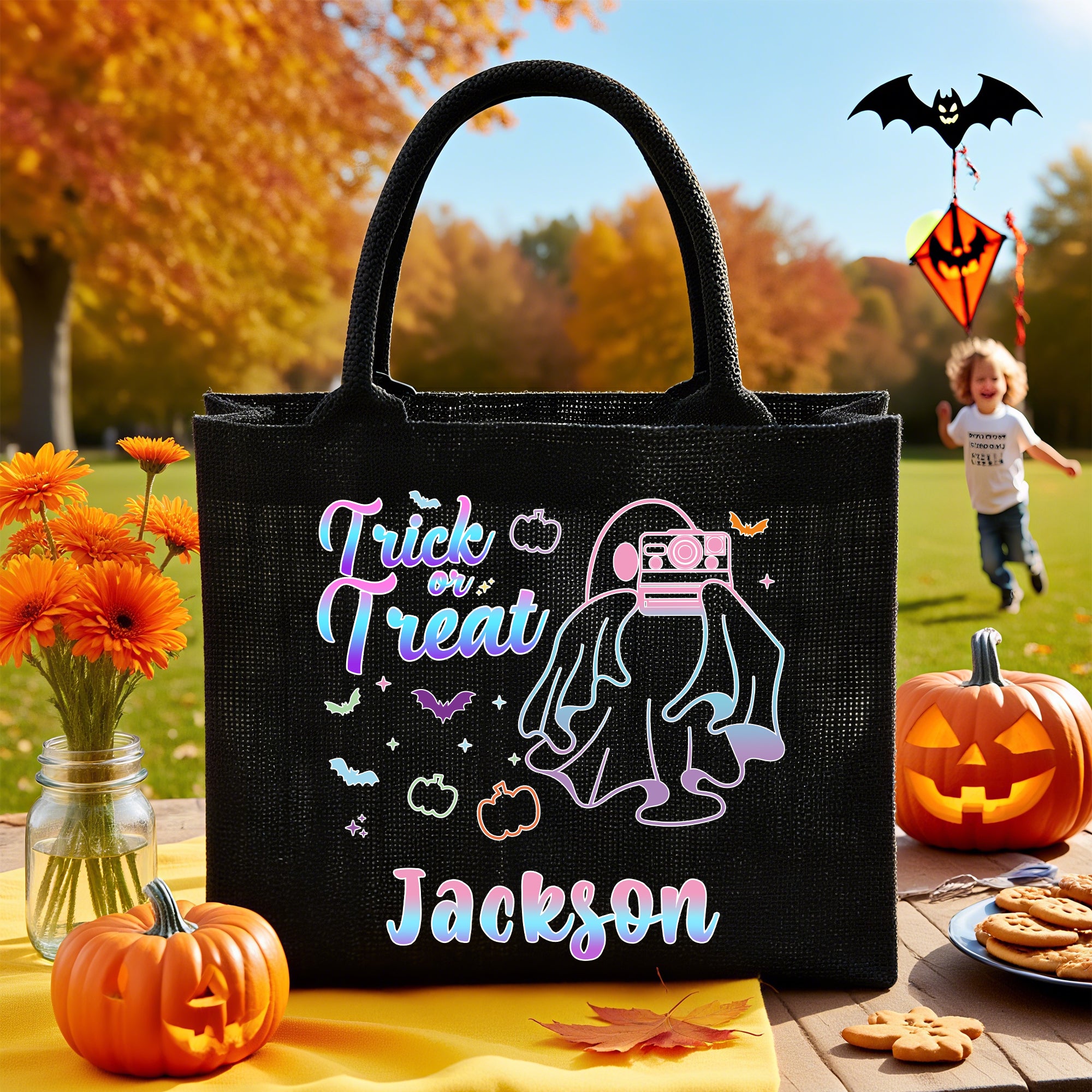 Bolsa de lino negra personalizada con nombre Truco o trato Regalo de Halloween para niños Niñas
