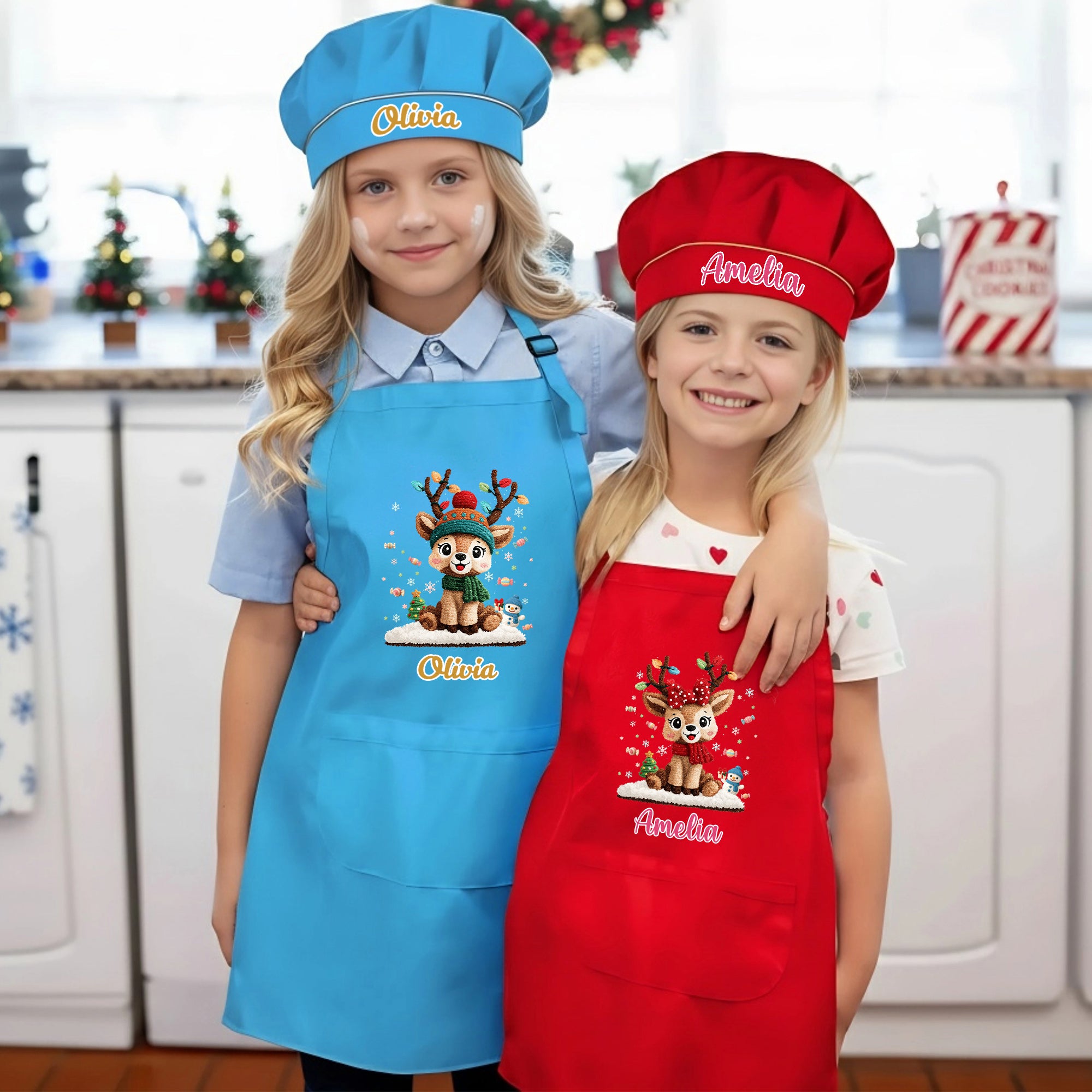 Set de delantal y gorro de cocina personalizados con nombre y bolsillo para niños, niñas y niños.