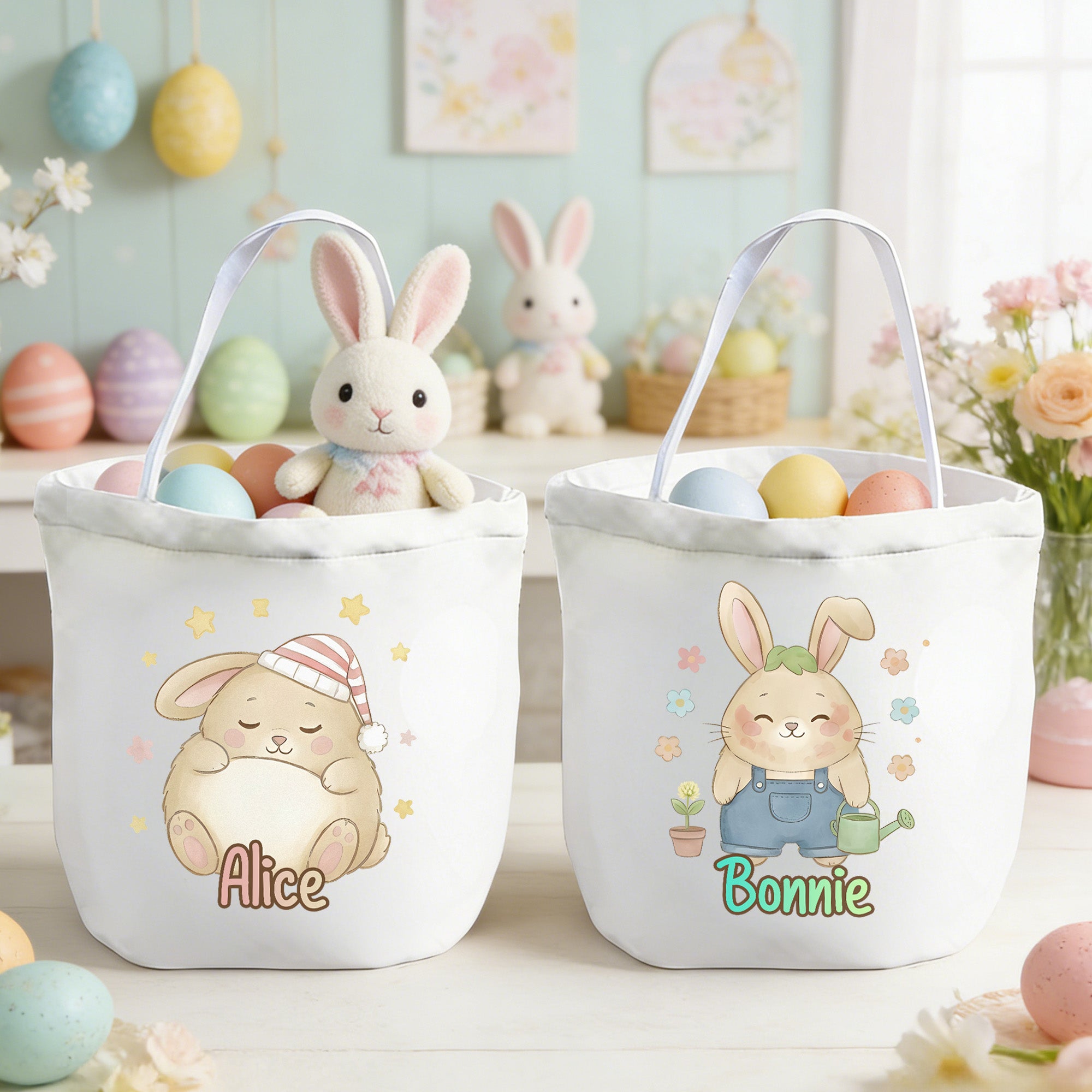 Personalizado lindo conejo de Pascua de gran capacidad cesta de Pascua de lona con el nombre de los huevos de caza Fiesta de Pascua Día de regalo para los niños