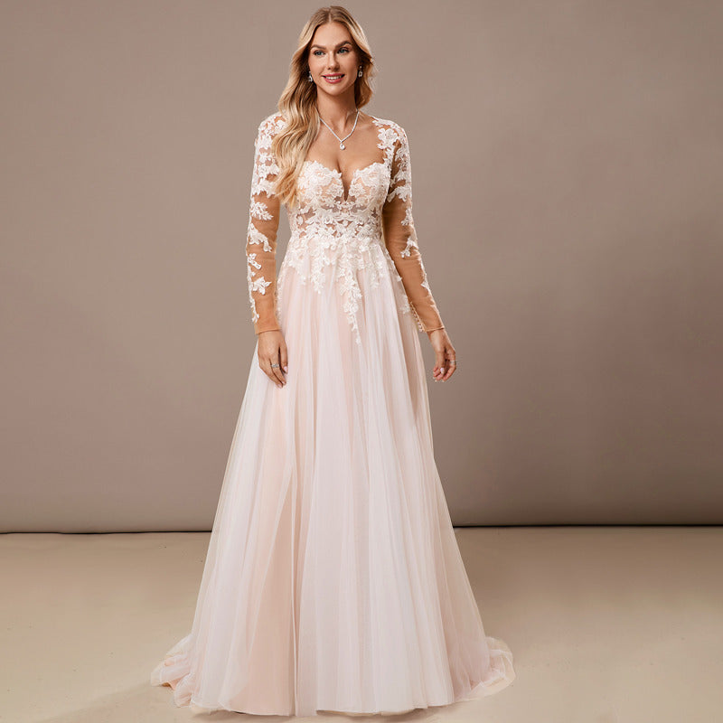 Bridal Wedding Dress Ivory-Nude Long Sleeve Long Sweetheart A-line