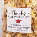 Bolsa transparente para palomitas de maíz con nombre y año, personalizada con el tema de la graduación.