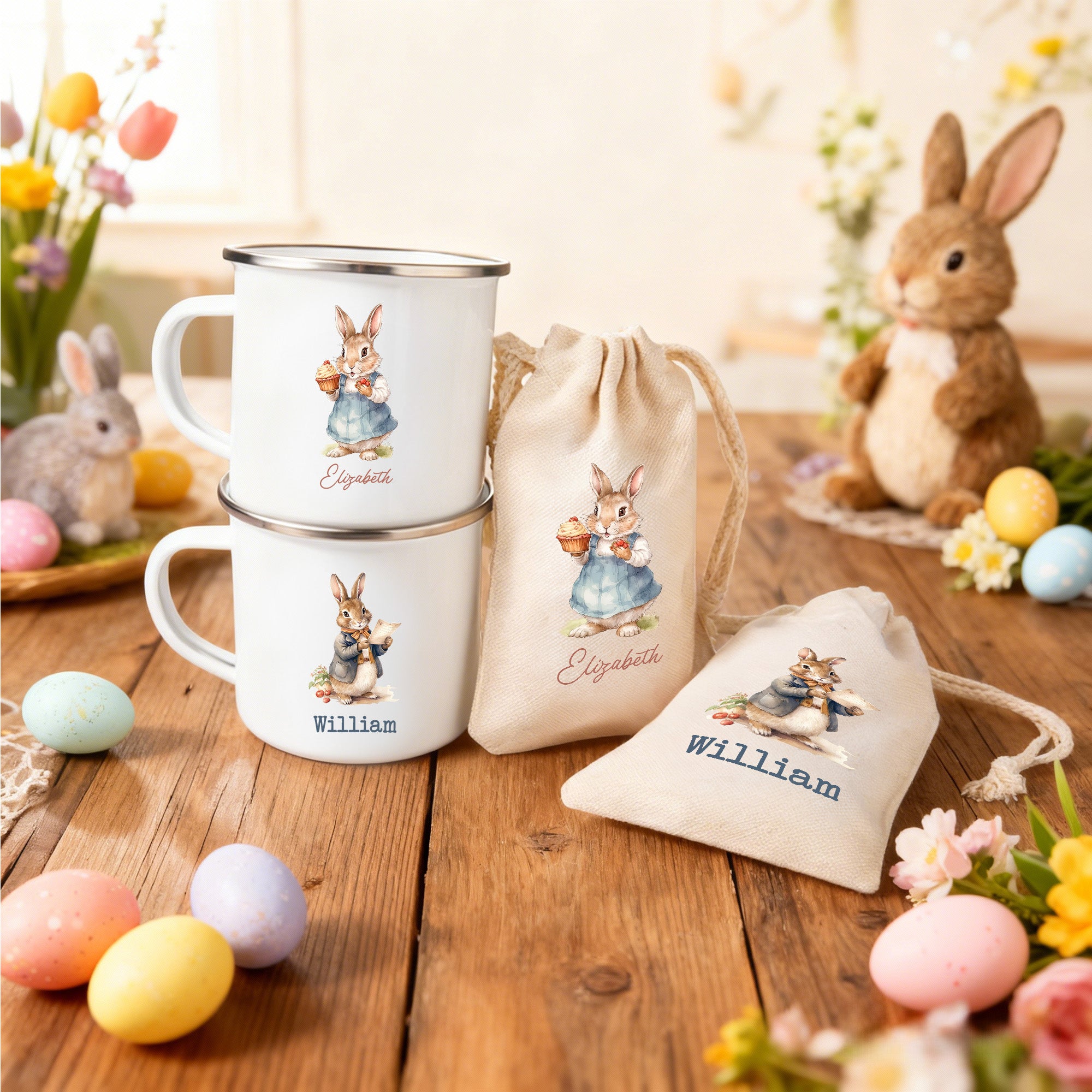 Conejito de Pascua personalizado 12 oz Taza esmaltada Bolsa de regalo con nombre Feliz Pascua Regalo para Niños Niñas