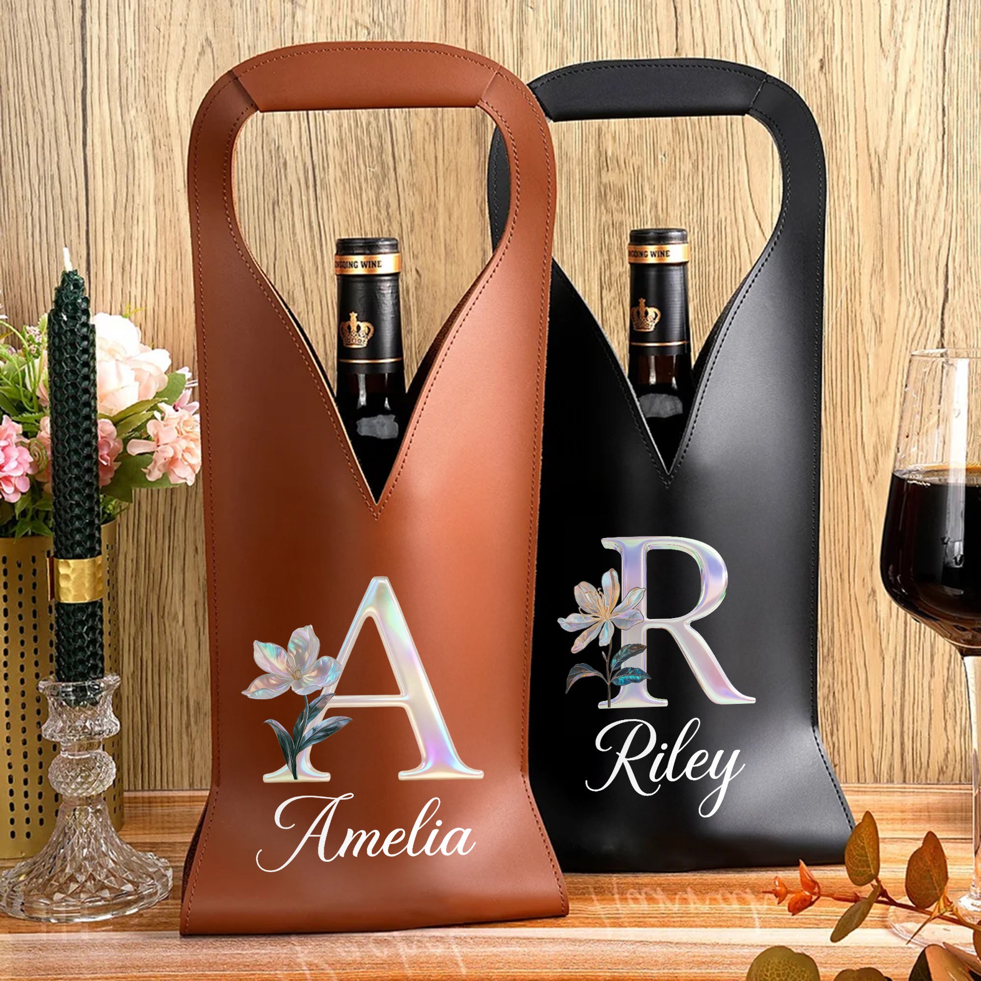 Personalizada Efecto Perla Nacimiento Flor Inicial PU Cuero Protector Vino Bolsa con Nombre Día de la Madre Boda Fiesta Aniversario Regalo para los amantes del vino