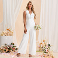 Bridal Wedding Dress White Sleeveless Long V-Neck Jumpsuits Stretch Crepe
