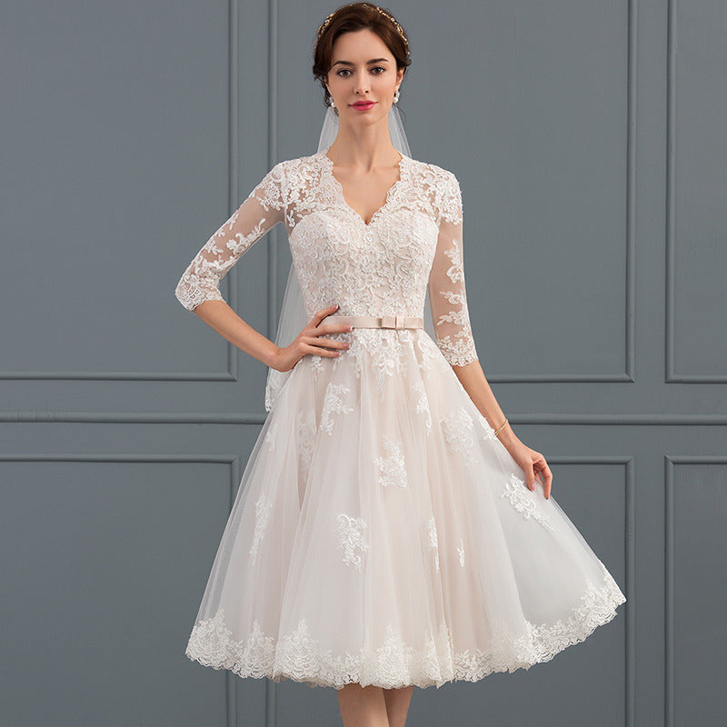 Bridal Wedding Dress Pink 1 2 Sleeve Short V-Neck A-line