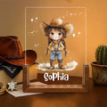 Luz nocturna LED de acrílico personalizada de vaquera de dibujos animados con base de madera y nombre Decoración de la habitación Cumpleaños Regalo de Navidad para niños amantes de las vaqueras