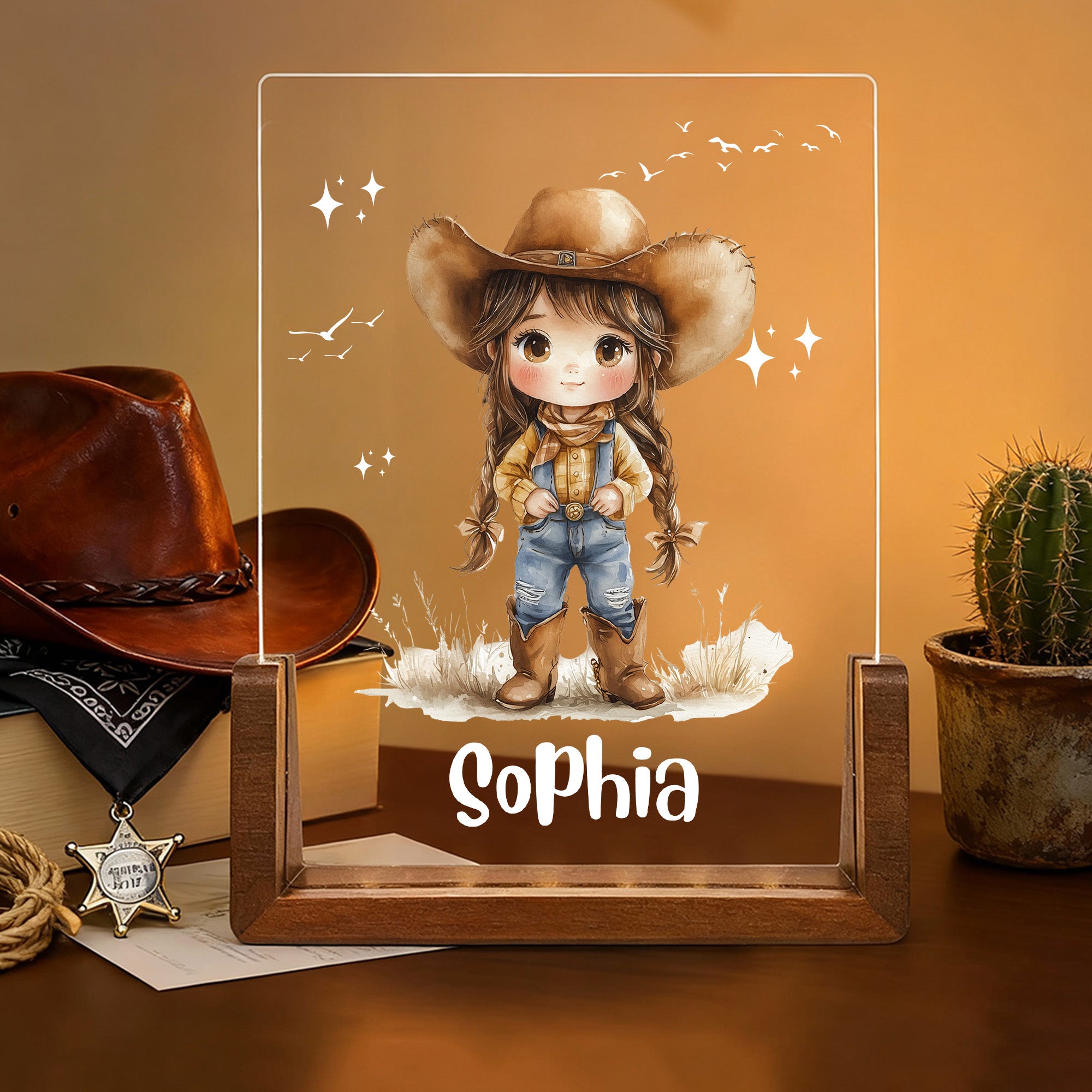 Luz nocturna LED de acrílico personalizada de vaquera de dibujos animados con base de madera y nombre Decoración de la habitación Cumpleaños Regalo de Navidad para niños amantes de las vaqueras