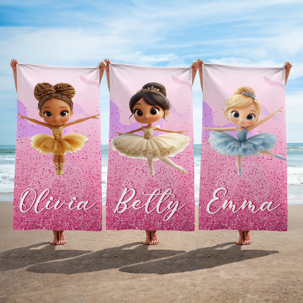 Toalla de playa de gran tamaño de secado rápido con nombre personalizada con dibujos animados en 3D de una bailarina Vacaciones de verano Esenciales Fiesta en la piscina Cumpleaños Regalo para niñas