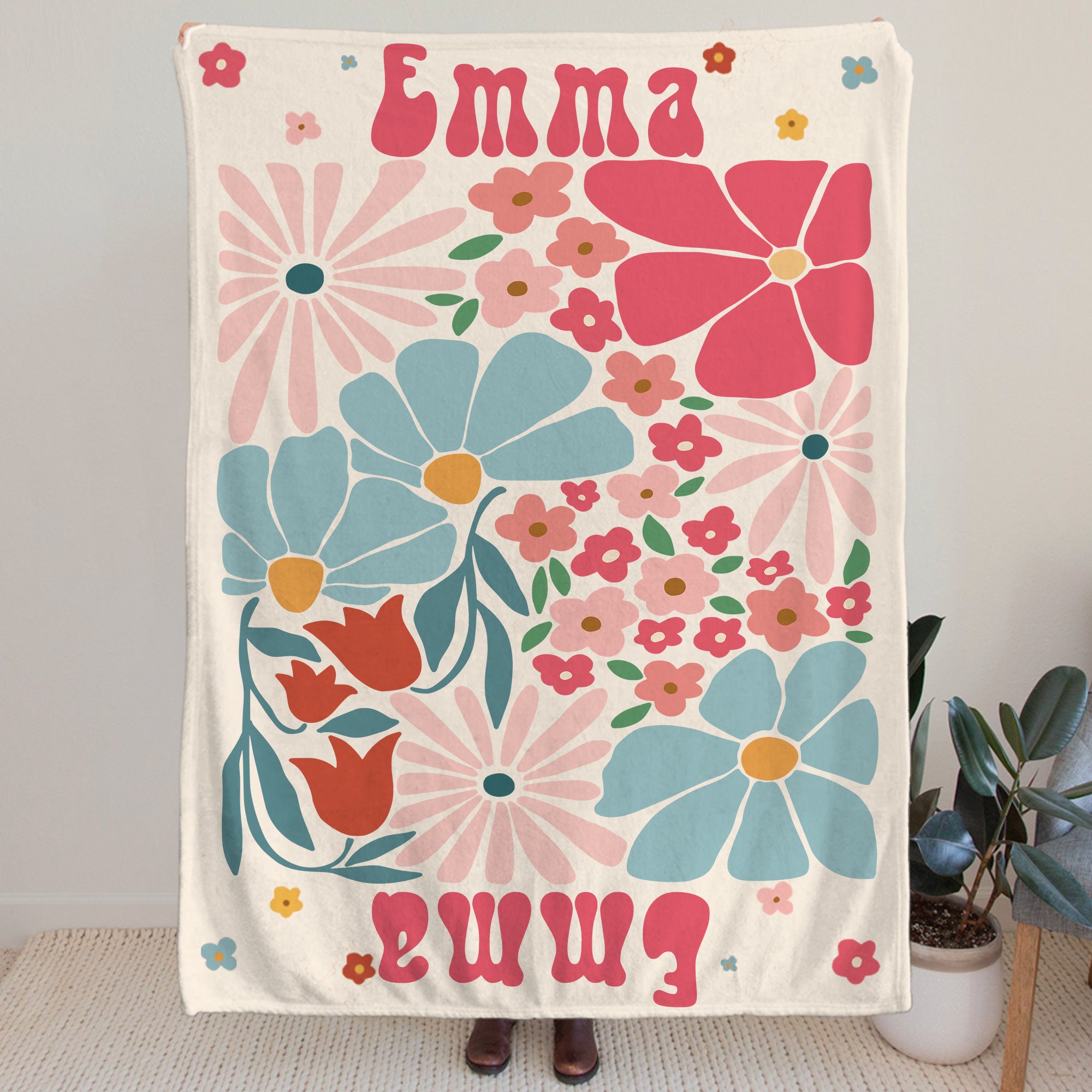 Personalizada Retro Boho Acuarela Danesa Floral Suave Manta con Nombre Decoración del Hogar Cumpleaños Vacaciones Regalo para Amigos Familia