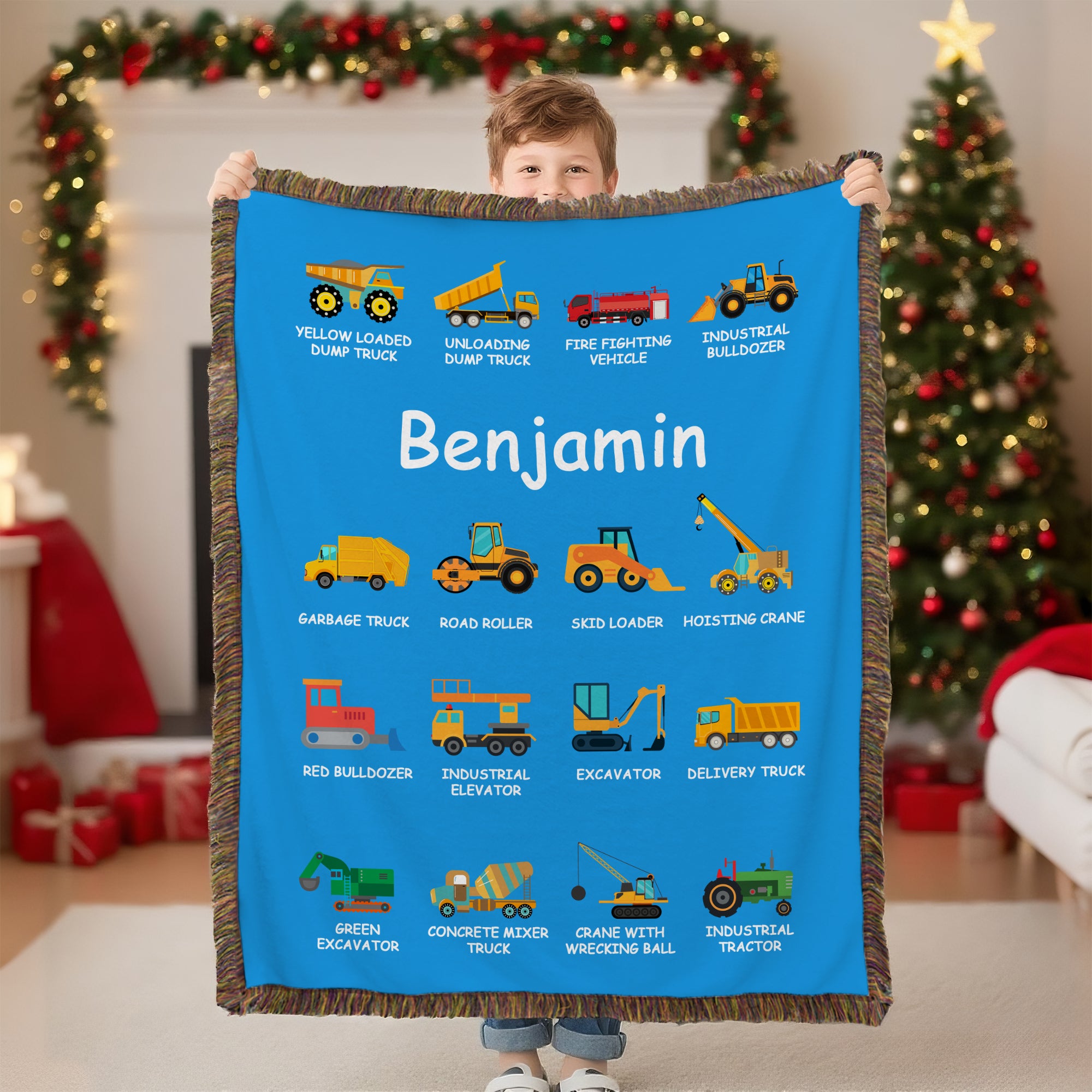 Camión de construcción personalizado Manta de borlas suave multicolor con nombre Regalo de cumpleaños y Navidad para niños amantes de los camiones