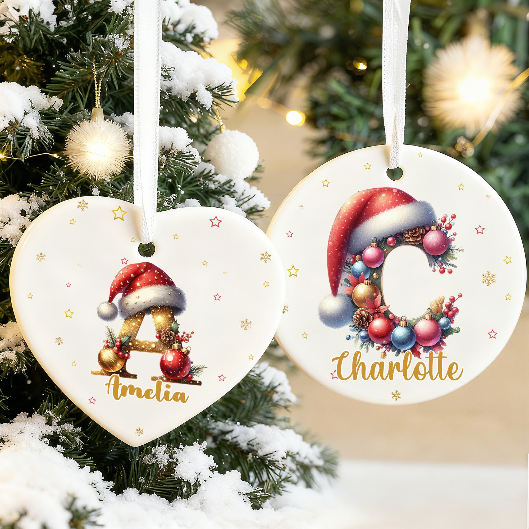 Adorno navideño de cerámica con iniciales del gorro de Papá Noel personalizado con nombre Decoración del hogar Regalo navideño para la familia Amigos