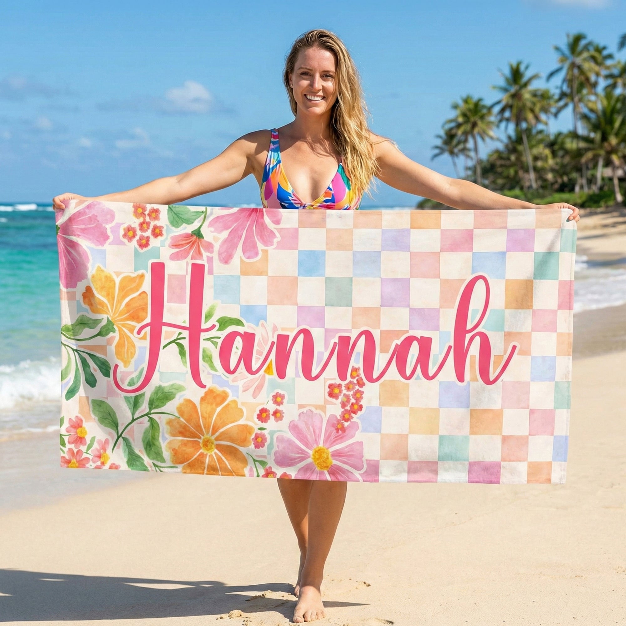 Toalla de playa de gran tamaño de secado rápido con nombre y bolsa con cordón Personalizada con flores de colores a cuadros Fiesta en la playa Regalo de cumpleaños para mujer