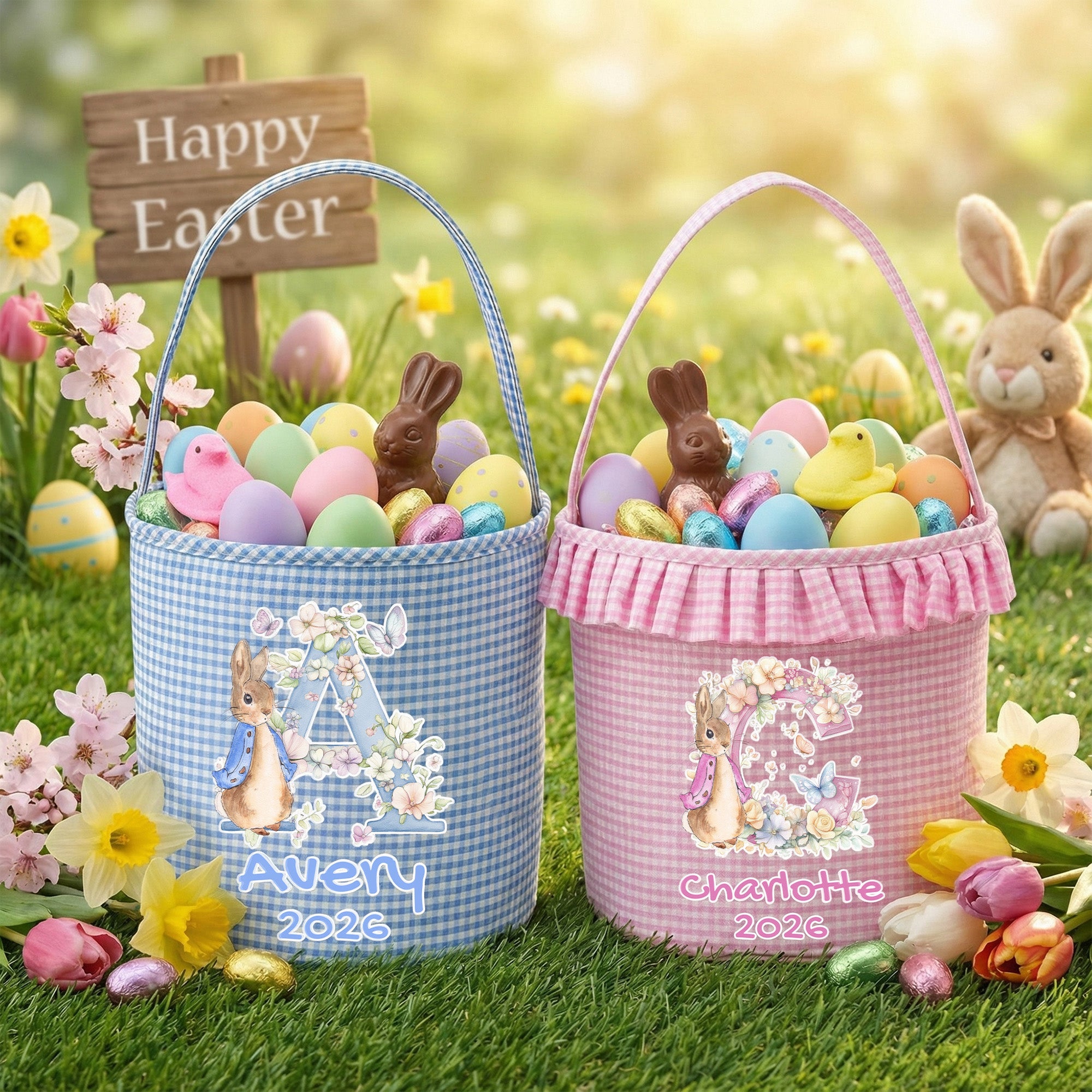 Cesta de Pascua personalizada con nombre y volantes en tela escocesa con iniciales de flores de conejito Fiesta de caza de huevos Regalo de Pascua para niños
