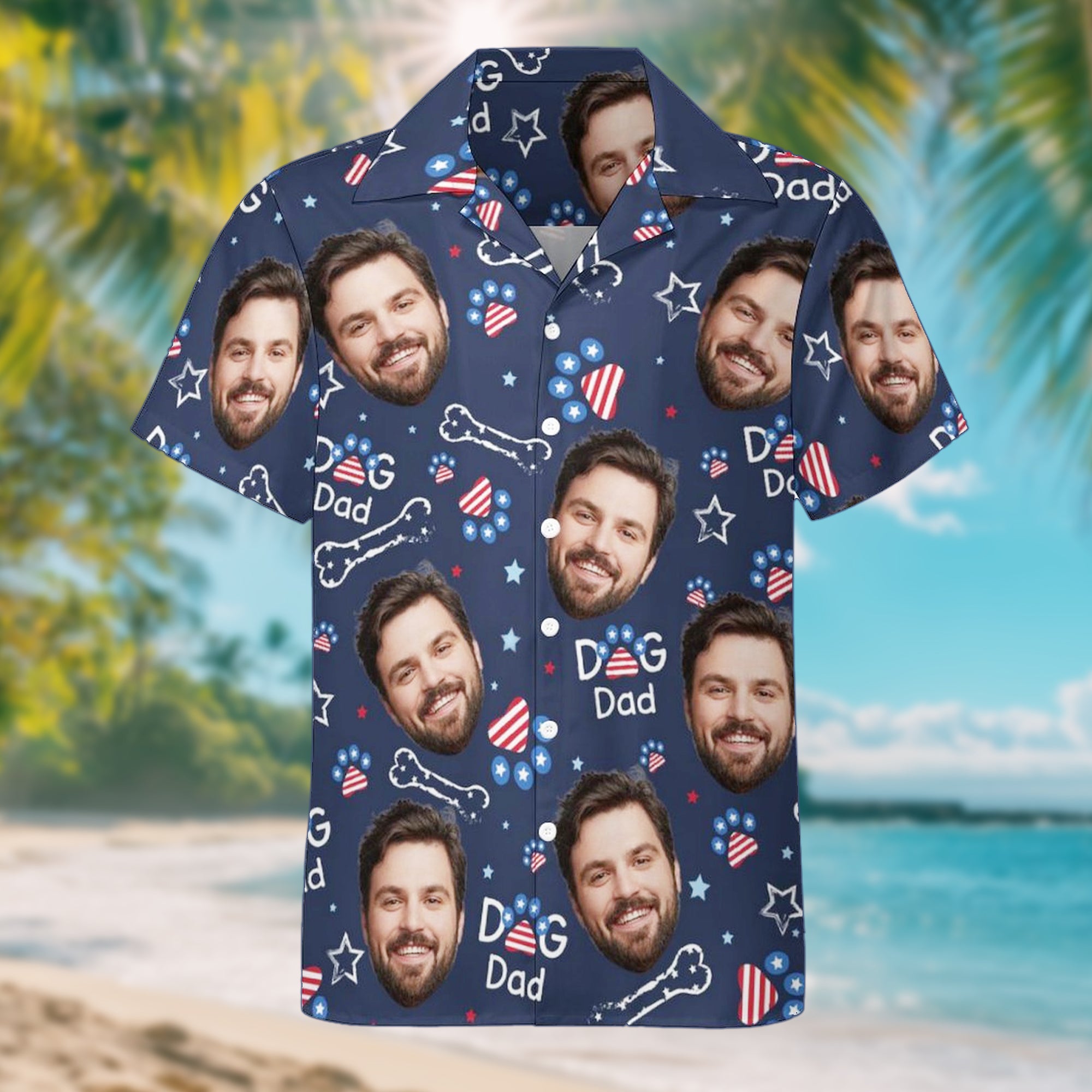 Bandera Nacional Personalizada Perro Gato Impresión de la Pata Camiseta Estilo Hawaiano con 1-6 Fotos de la Cara Regalo de Aniversario del Día de la Independencia para los Amantes de las Mascotas