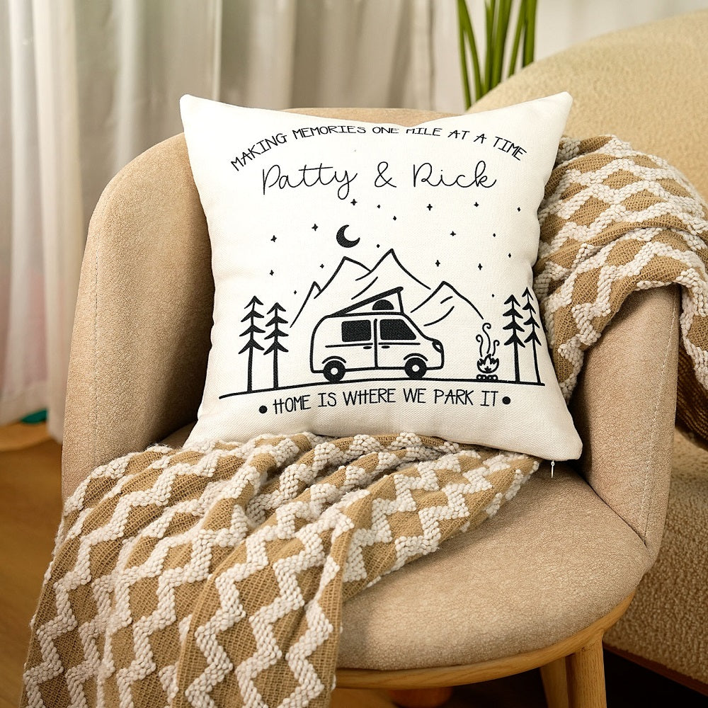 Personalizado Home Is Where We Park It Campervan Throw Pillow Cover with Name Home Decoration Anniversary Birthday Gift for Outdoor Adventure Lover
