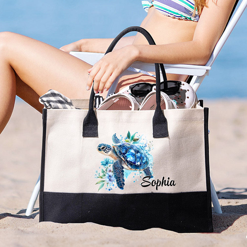 Personalizada Floral Tortuga Marina Grande Reutilizable Bolsa de Lona para Mujer con Nombre Accesorio de Viaje Cumpleaños Aniversario Regalo para Amigas Amigas