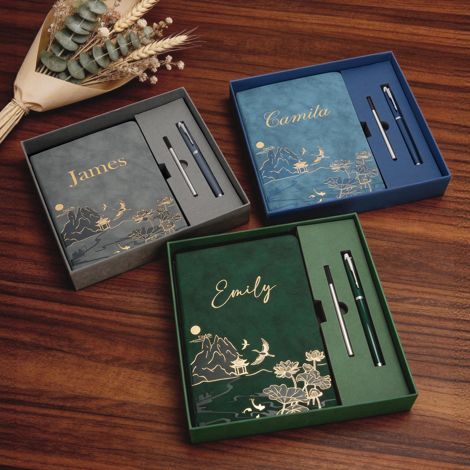 Personalizado estilo chino paisaje pintura vegano PU cuero A5 cuaderno y pluma Set con nombre cumpleaños año nuevo regalo para colegas amigos escritores