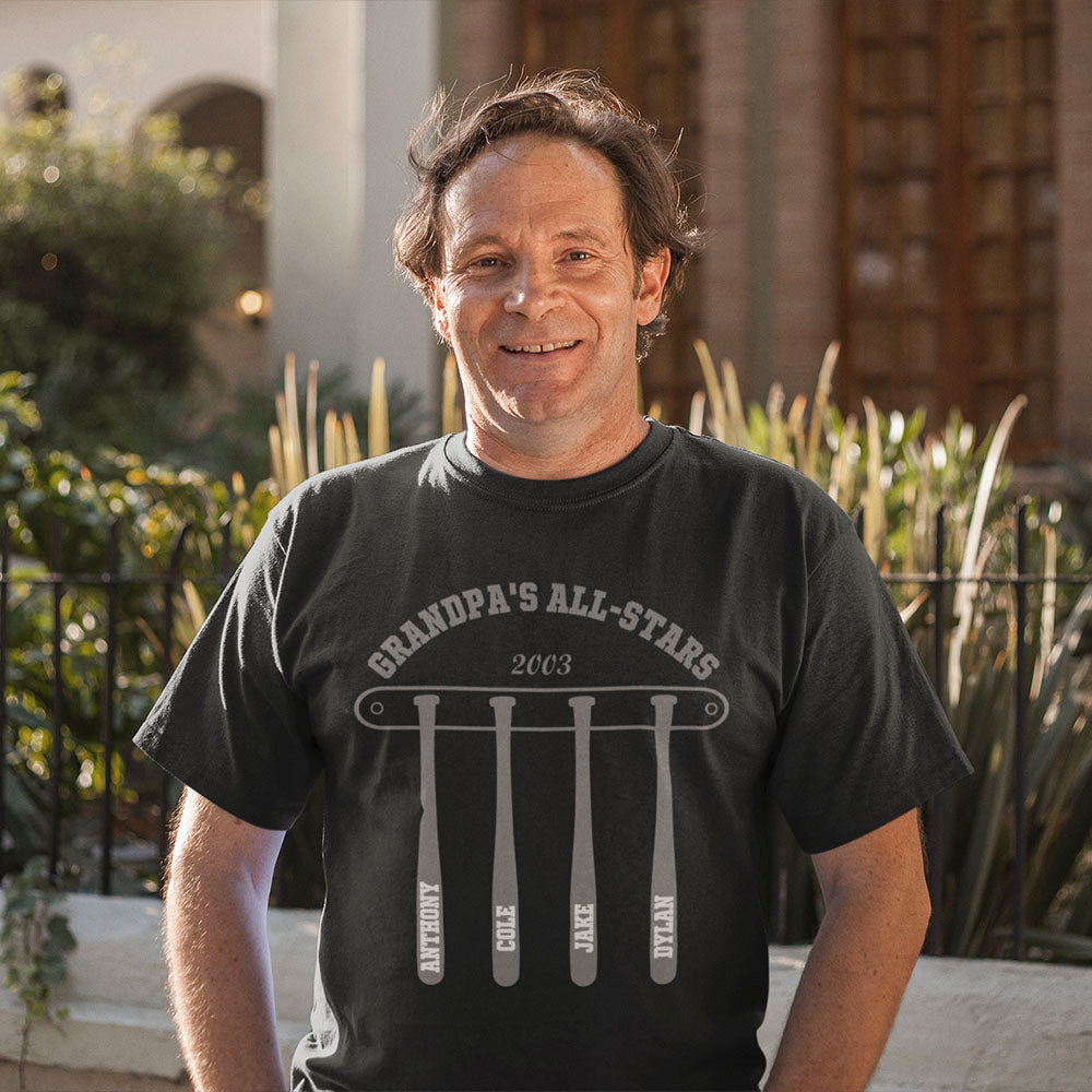Personalized Baseball Bat Team Grandpa's All Stars 100% Cotton Soft Men's T-shirt with 1-10 Names and Year Father's Day Birthday Team Gift for Grandpa Dad