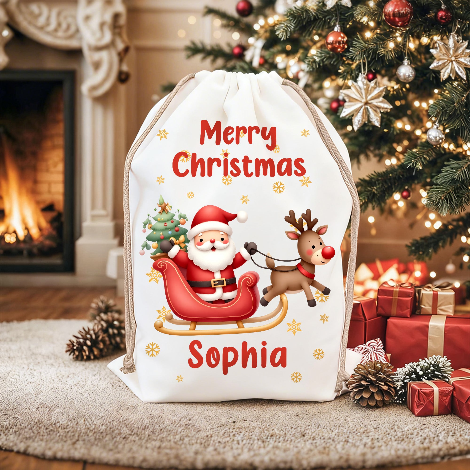 Personalizado lindo dibujo de Santa Claus copo de nieve bolsa de regalo de Navidad de cordón con el nombre Feliz Navidad Regalo para Niños Familia