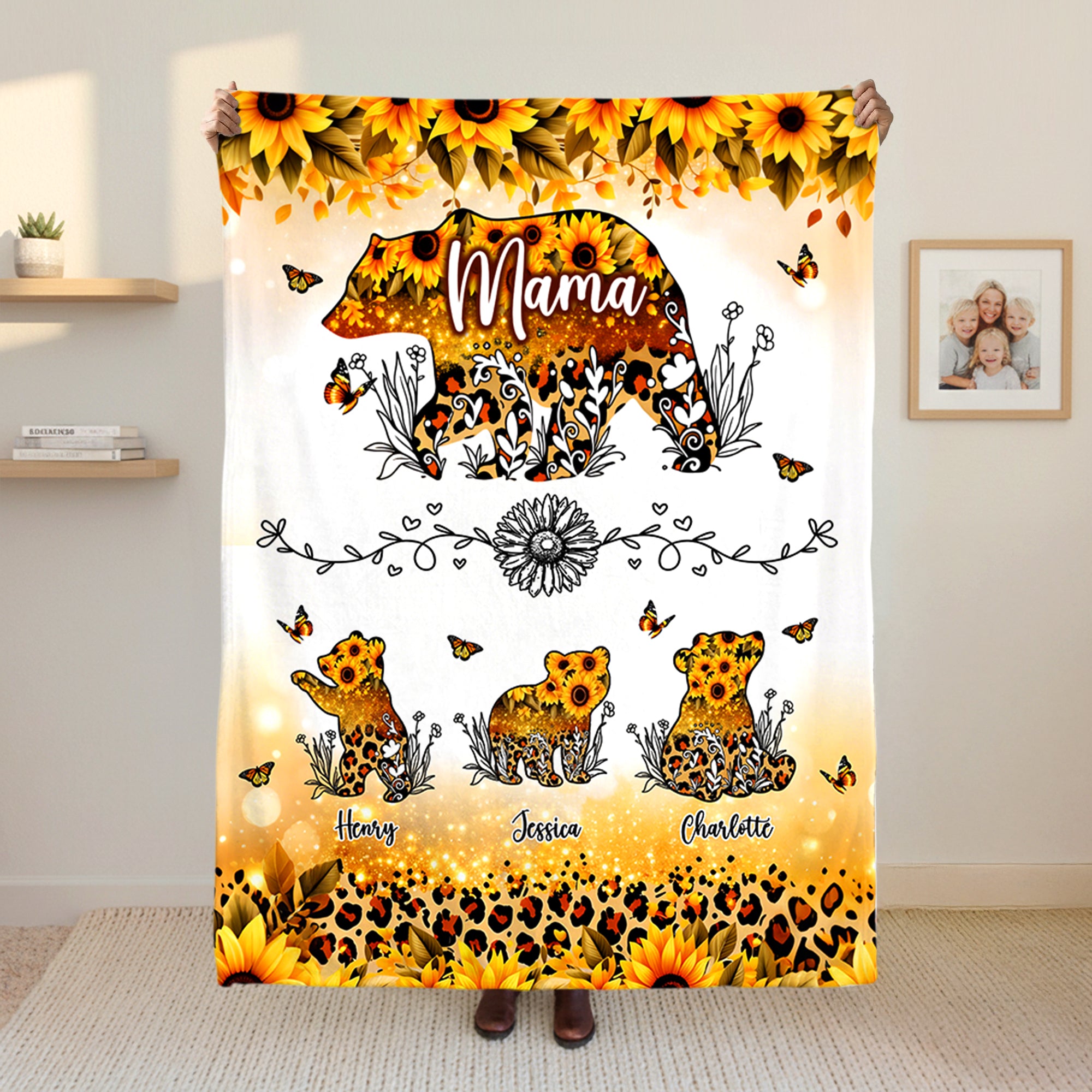 Manta blanda personalizada de mamá osa y 1-6 bebés ositos con nombres, leopardo, girasol y acuarela Decoración para el hogar Regalo del Día de la Madre para mamá abuela