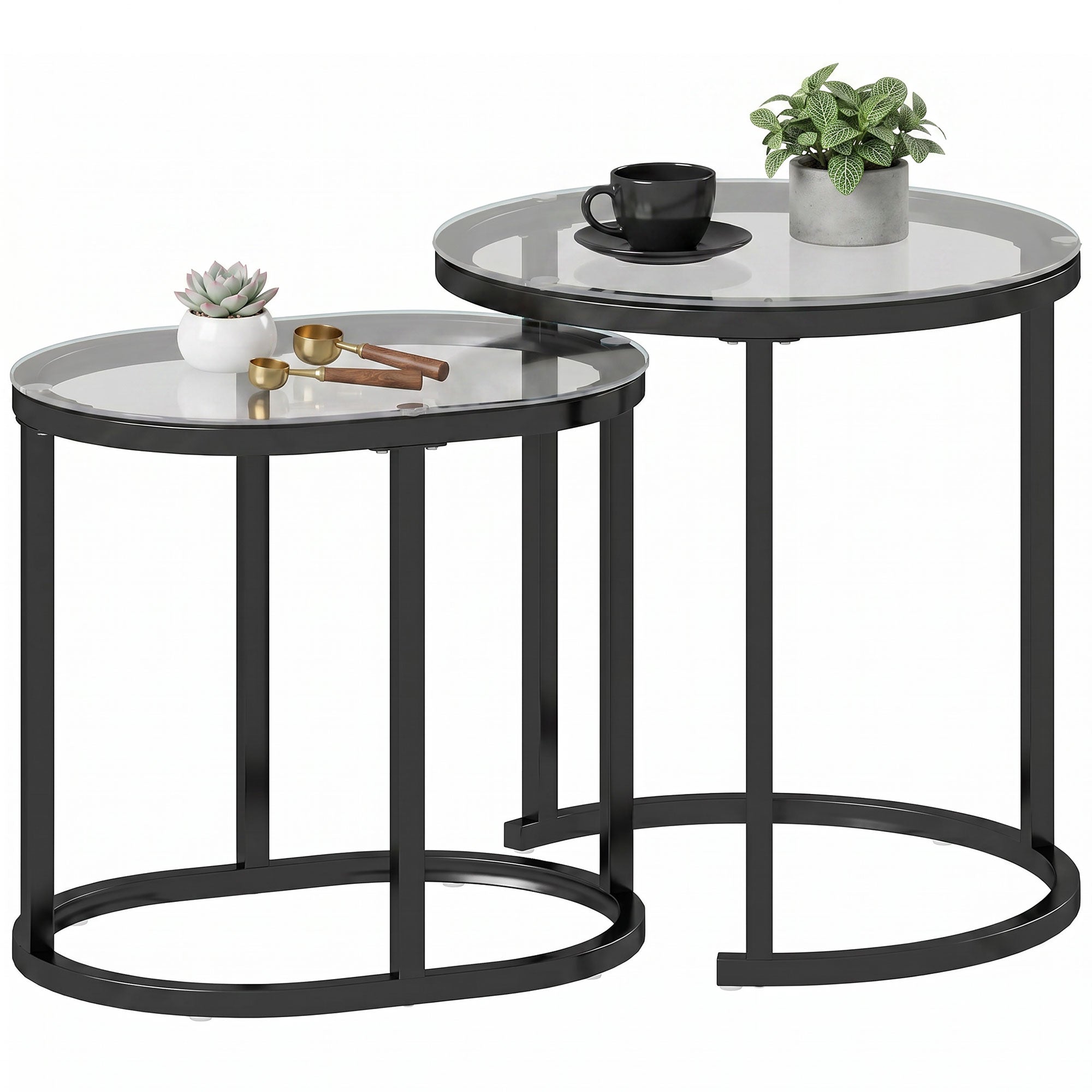 Modern Nesting Coffee Table Set of 2 with Steel Frame & Tempered Glass Tops, Black