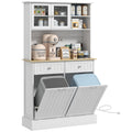 68" Kitchen Cabinet w/ Charging Station, 2 Tilt Out Cabinets & Microwave Stand, White