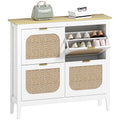 Slim Shoe Cabinet with 4 Flip Drawers & Rattan Doors, Holds 20 Pairs, White