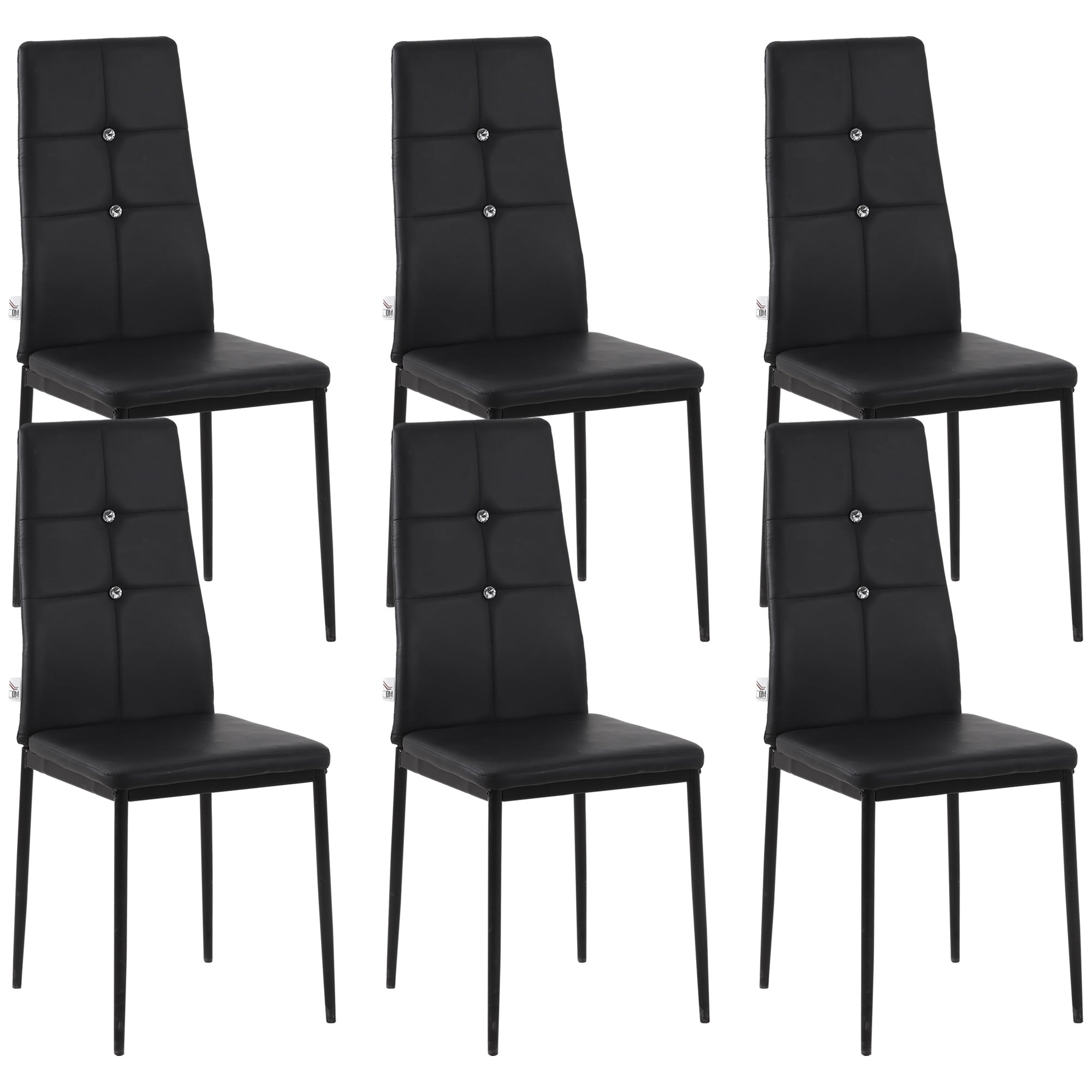 Set of 6 Faux Leather Dining Chairs with Crystal Tufting, Black