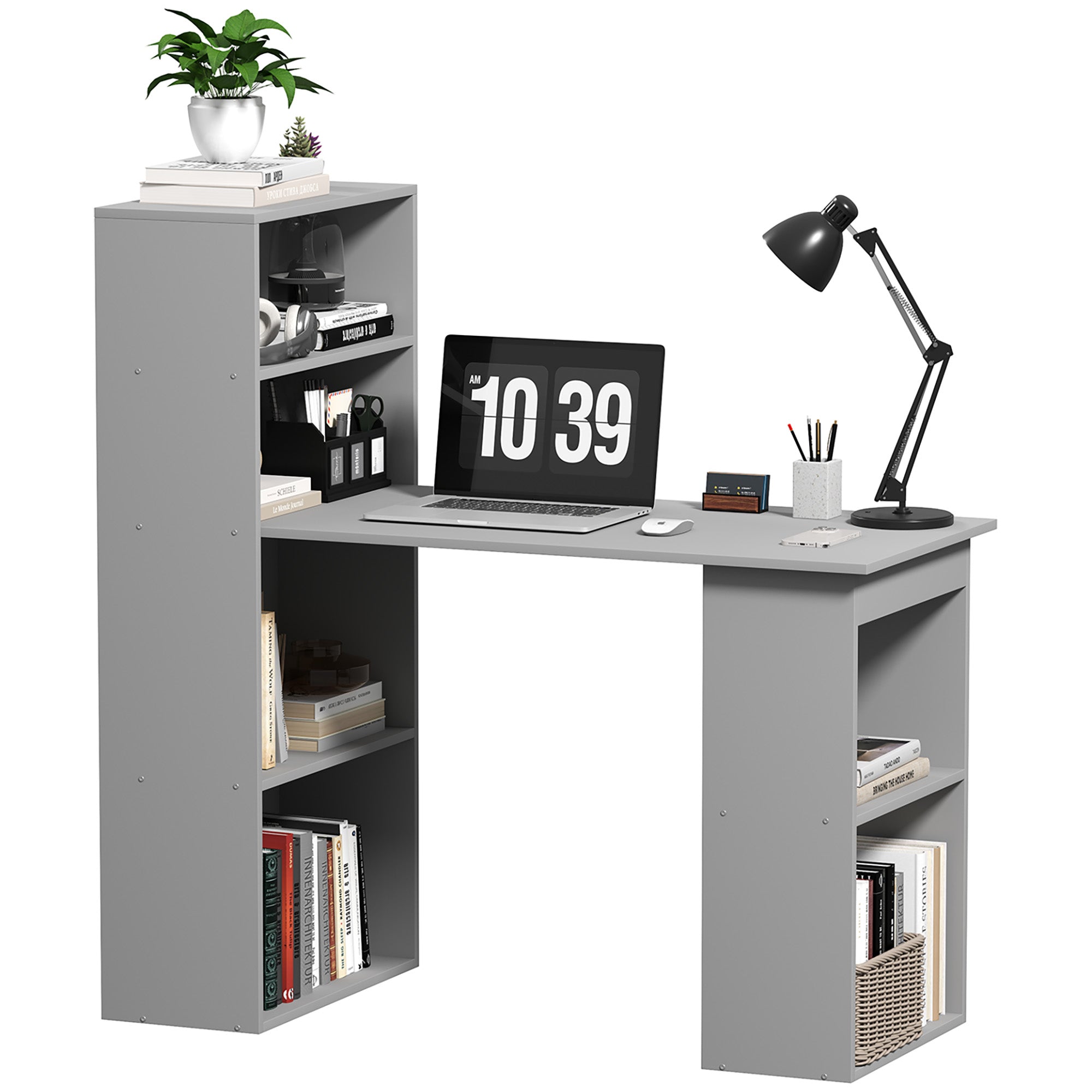 Modern Home Office Desk with 6-Tier Storage Shelves, 47" Writing Desk with Bookshelf, Gray