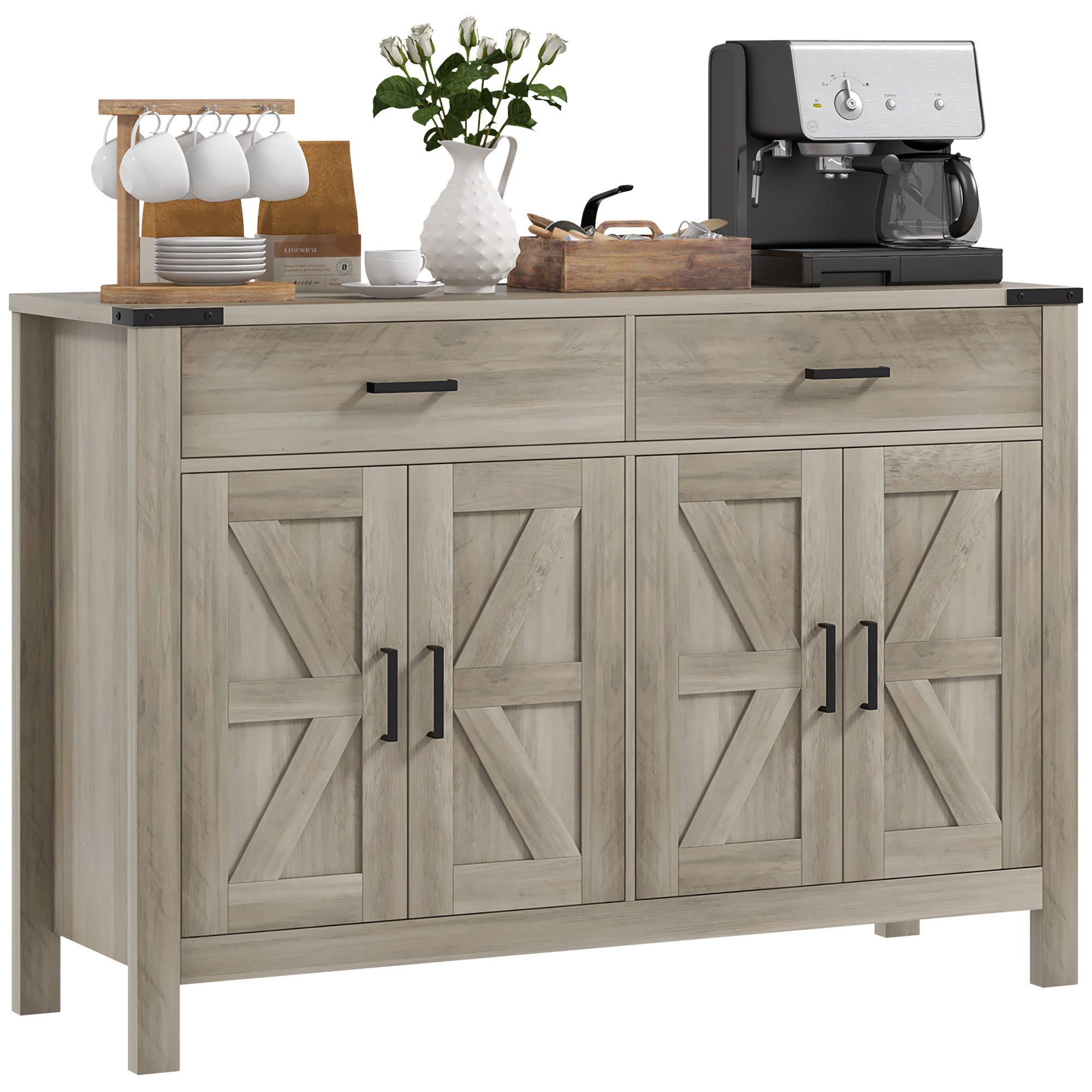 Farmhouse Sideboard with 2 Drawers 2 Cabinets & Barn Doors Adjustable Shelves, Grey