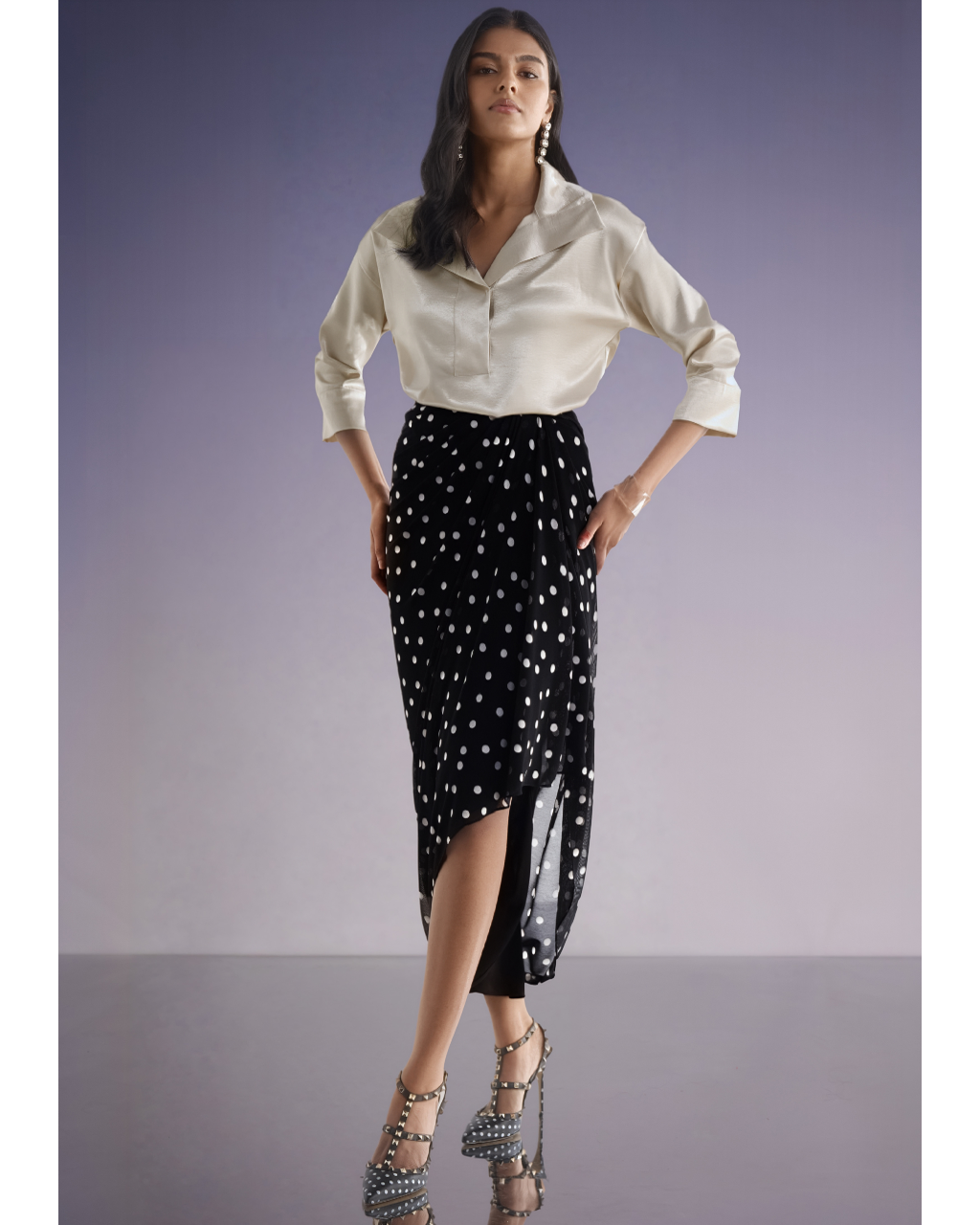 Boxy Satin Popover Top & Polka Dot Drape Skirt By KYNAH, Luxury Indian Fashion & Bridal Wear