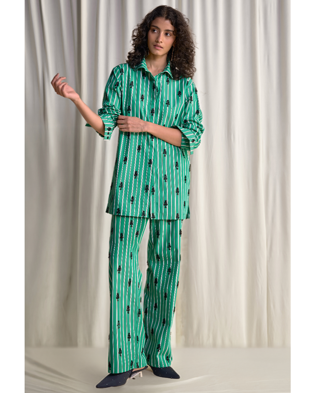 Motif Bead Embroidered Stripe Shirt & Pant Set By KYNAH, Luxury Indian Fashion & Bridal Wear