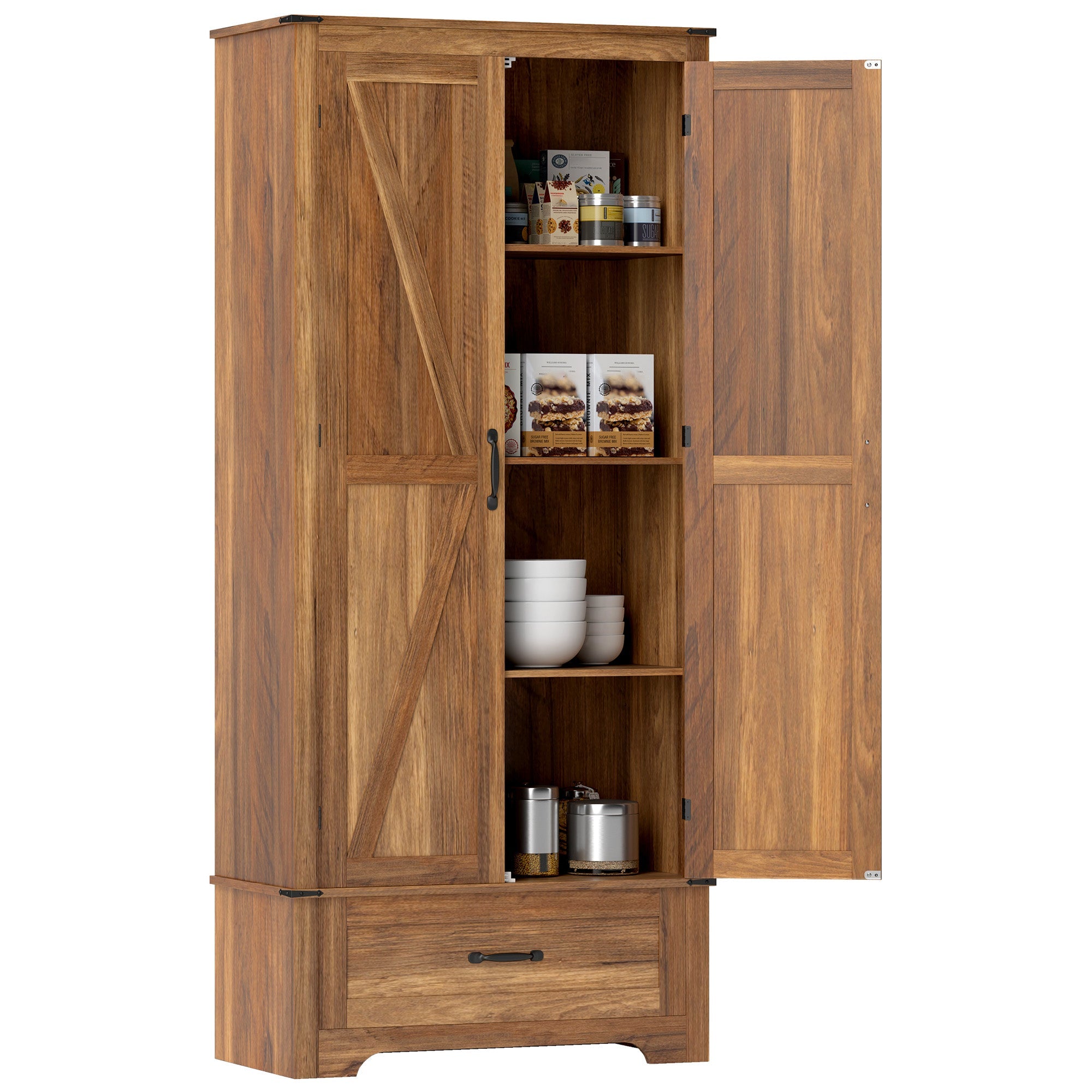 72" Farmhouse Kitchen Pantry Cabinet with Adjustable Shelves & Drawer, Brown