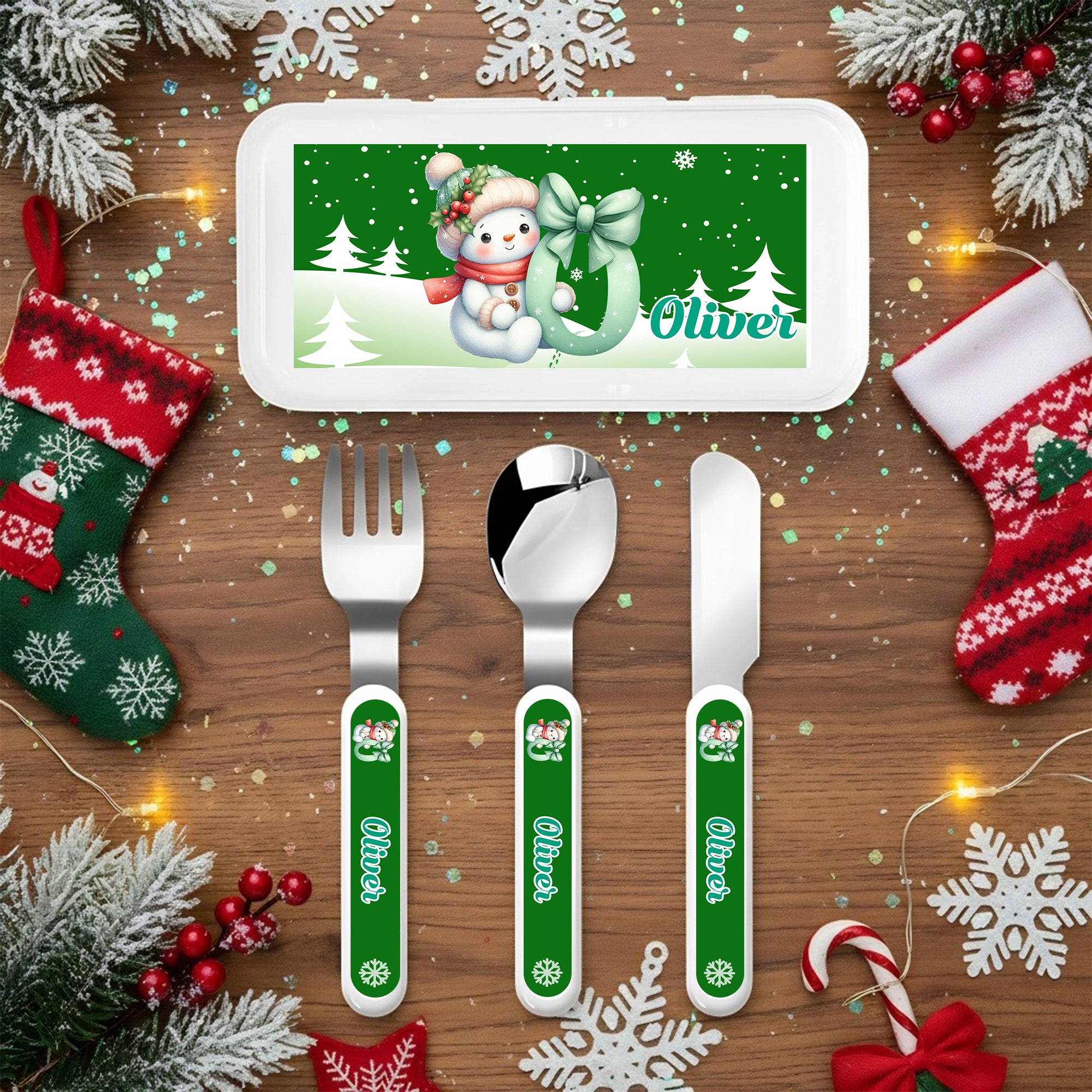 Juego de cubiertos de 3 piezas de cuchara, tenedor y cuchillo para niños, con nombre, de uso diario y regalo de Navidad para niños.