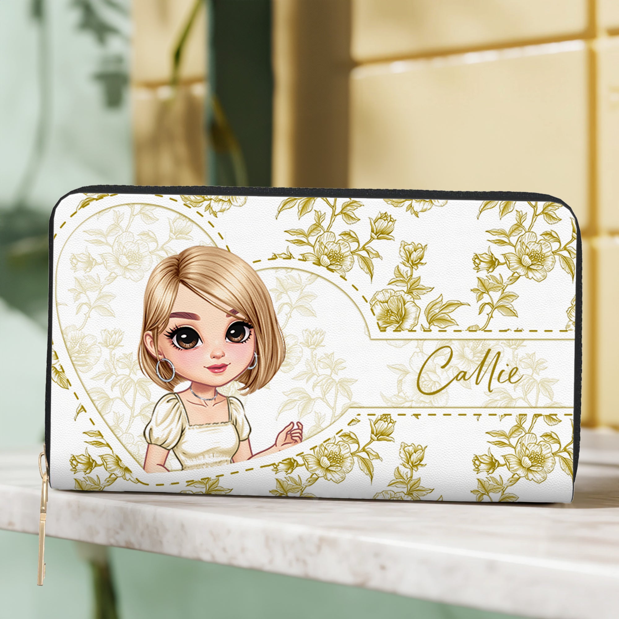 Cartera de mano personalizada de cuero PU con diseño floral vintage personaje animado y nombre varios compartimentos regalo de boda para mujer
