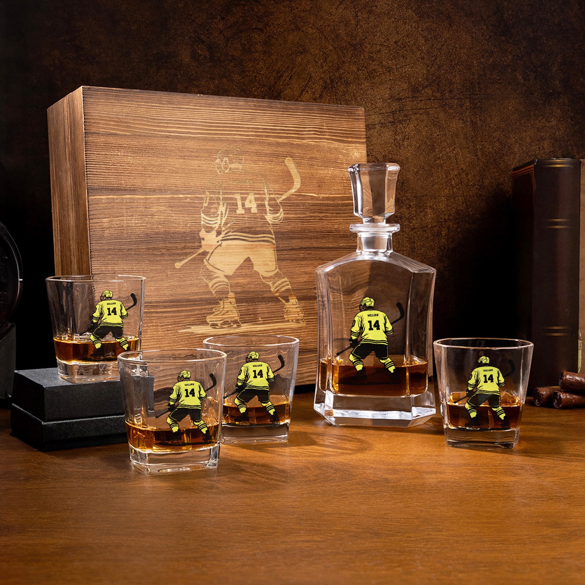 Copas decantadoras de whisky personalizadas con el nombre de un personaje de hockey sobre hielo Regalo de cumpleaños del Día del Padre para jugadores de hockey sobre hielo Amantes del whisky