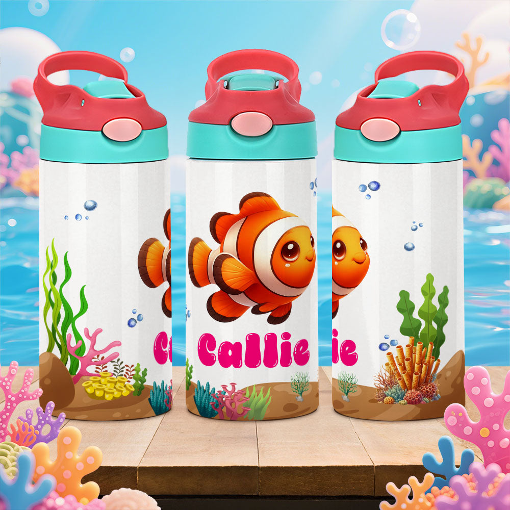 Botella de agua para niños de acero inoxidable con aislamiento, asa y pajita de silicona Personalizada con el nombre de animales del océano de dibujos animados 12 oz Regalo de vuelta al cole para niño