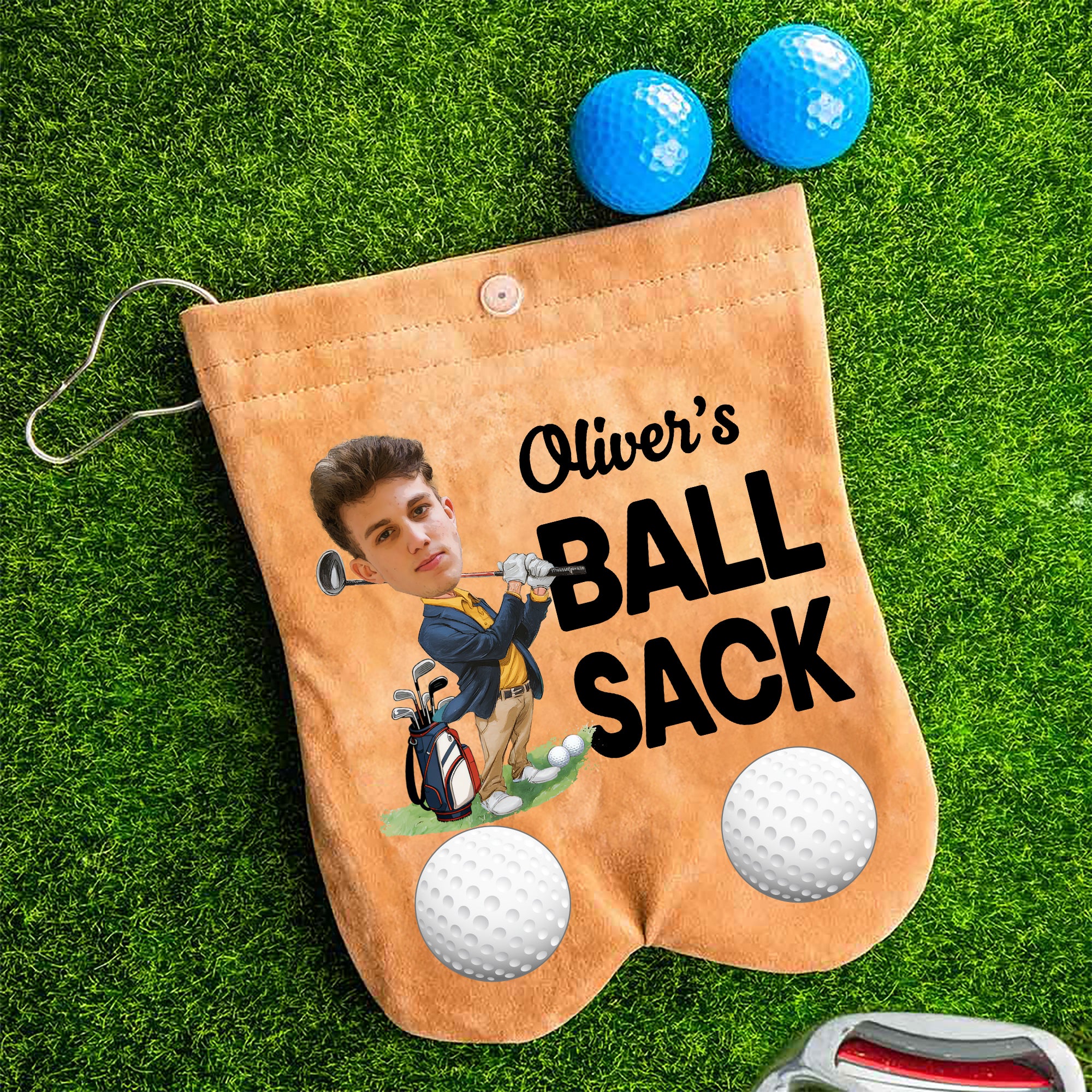 Bolsa de pelotas de golf personalizada con 2 pelotas de golf y foto de cara de personaje de dibujos animados Accesorio de golf Regalo de cumpleaños para hombre Jugador de golf