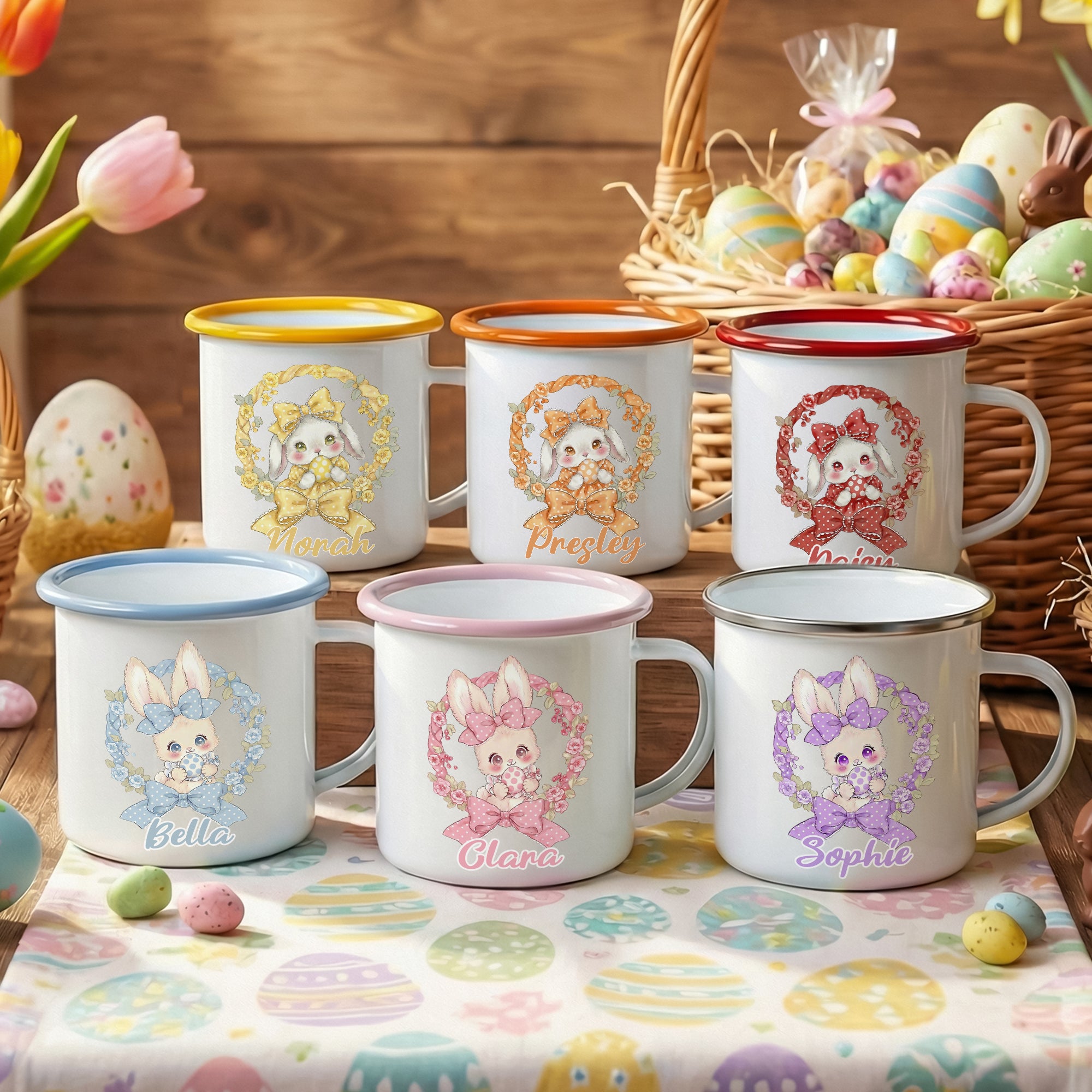 Conejito de Pascua personalizado con lazo de lunares y corona multicolor Taza esmaltada de 12 oz con nombre Regalo de Pascua para niños