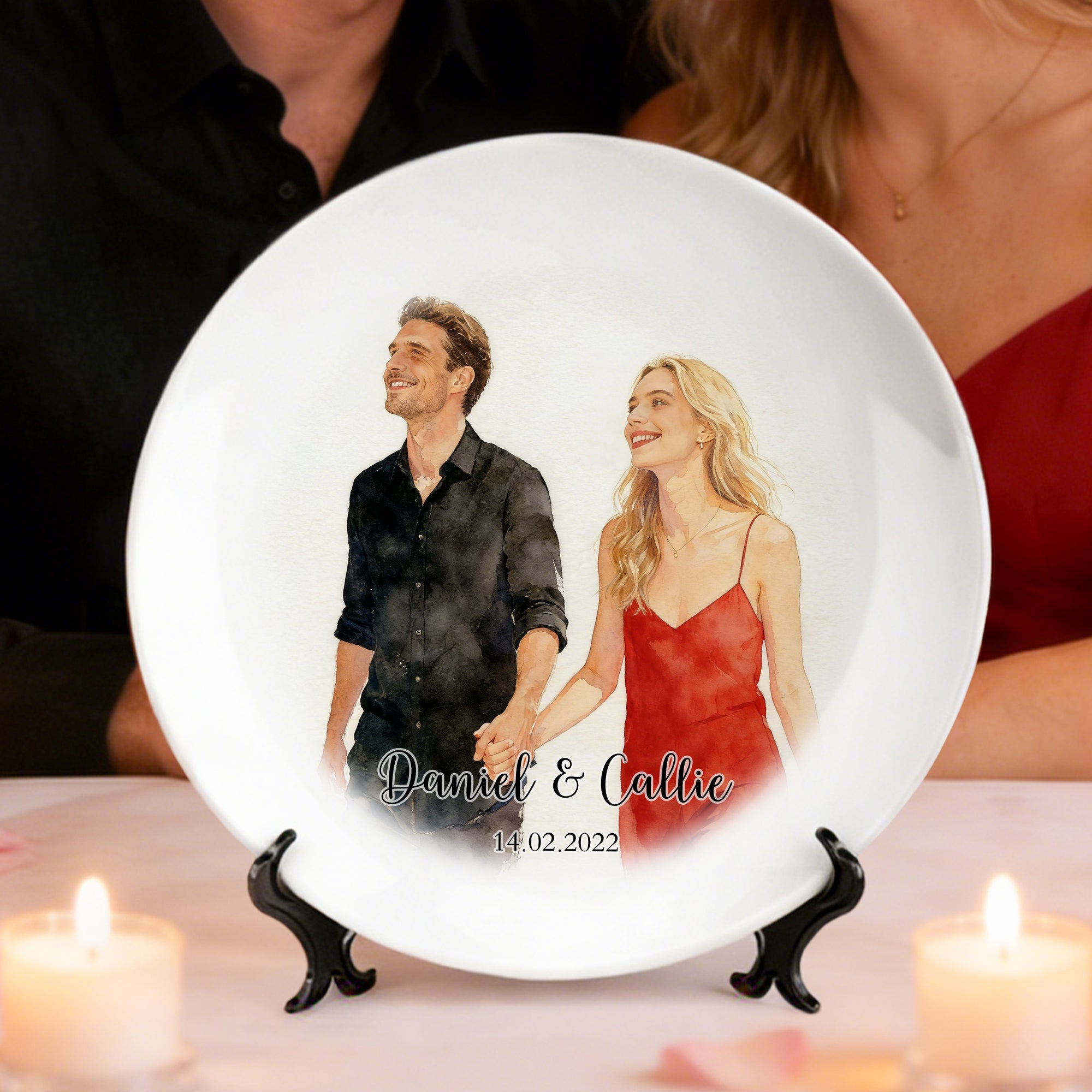 Plato decorativo personalizado estilo acuarela con texto y fecha Decoración del hogar San Valentín Regalo de inauguración de la casa para pareja Familia
