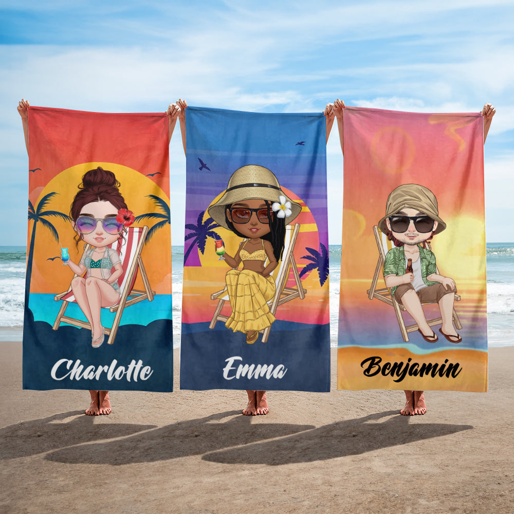 Toalla de playa de gran tamaño de secado rápido con nombre Personalizada Retro Sunset Cartoon Character Regalo de cumpleaños para familiares y amigos