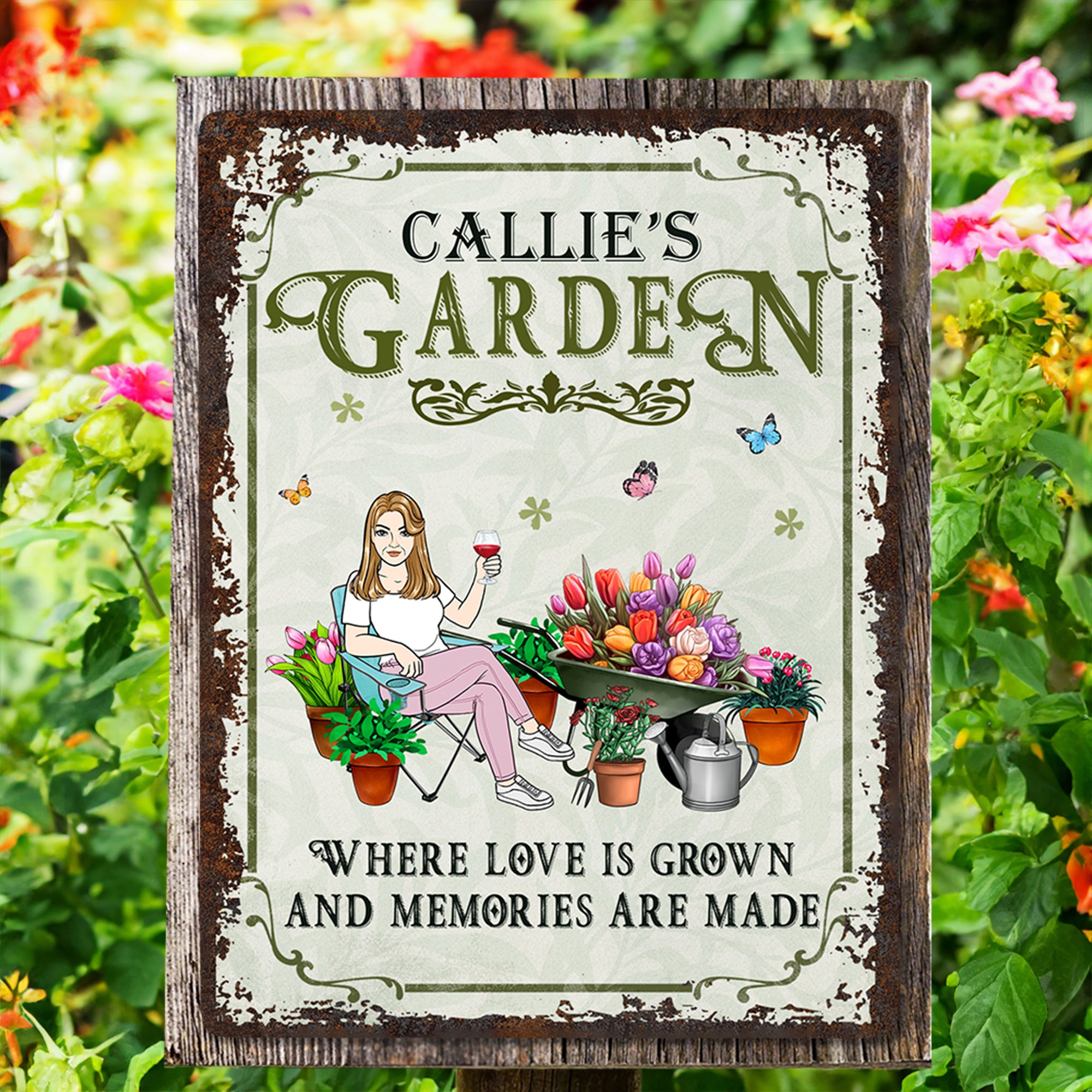 Personalizado Retro Jardinería Cartoon Personaje Metal Signo con Nombre Jardín Yard Decoración Housewarming Jubilación Cumpleaños Regalo para Mamá Abuela Amigos