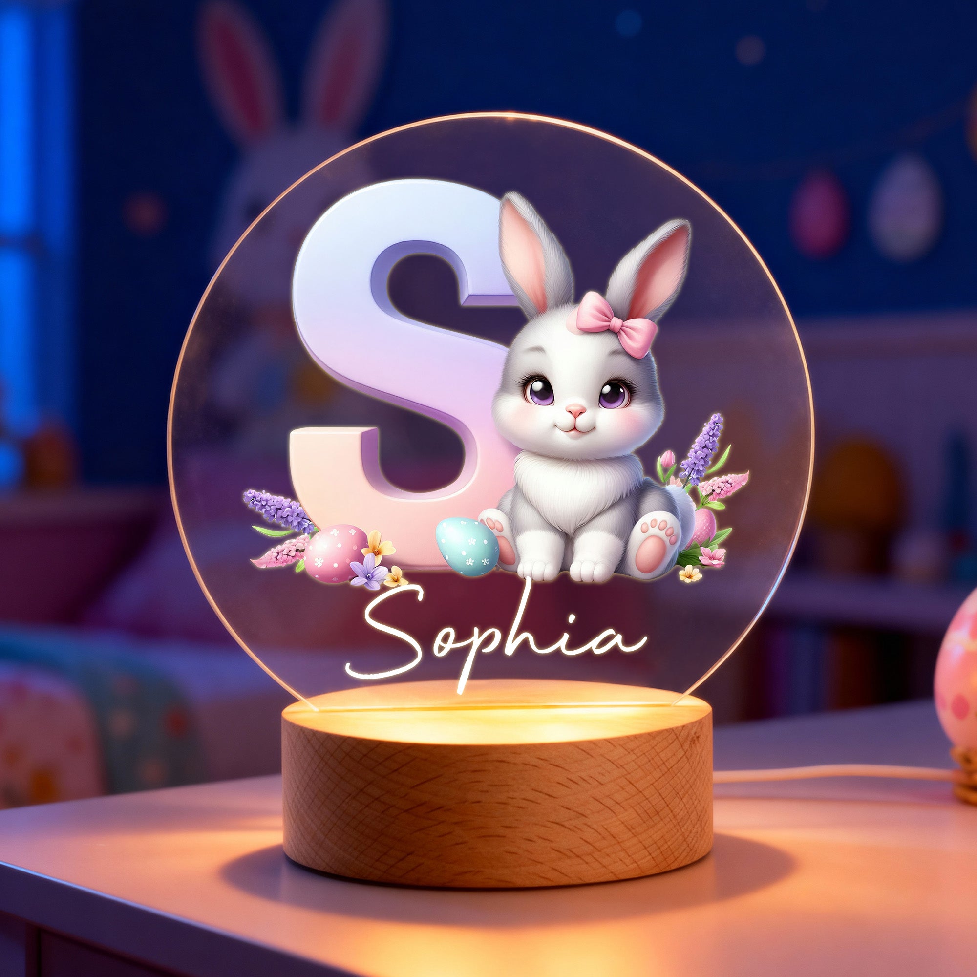 Lindo Conejo Nube Personalizado Siete Colores Inicial LED Luz de Noche con Nombre y Base de Madera Decoración de Habitación Cumpleaños Pascua Fiesta Favorito Regalo para Niños