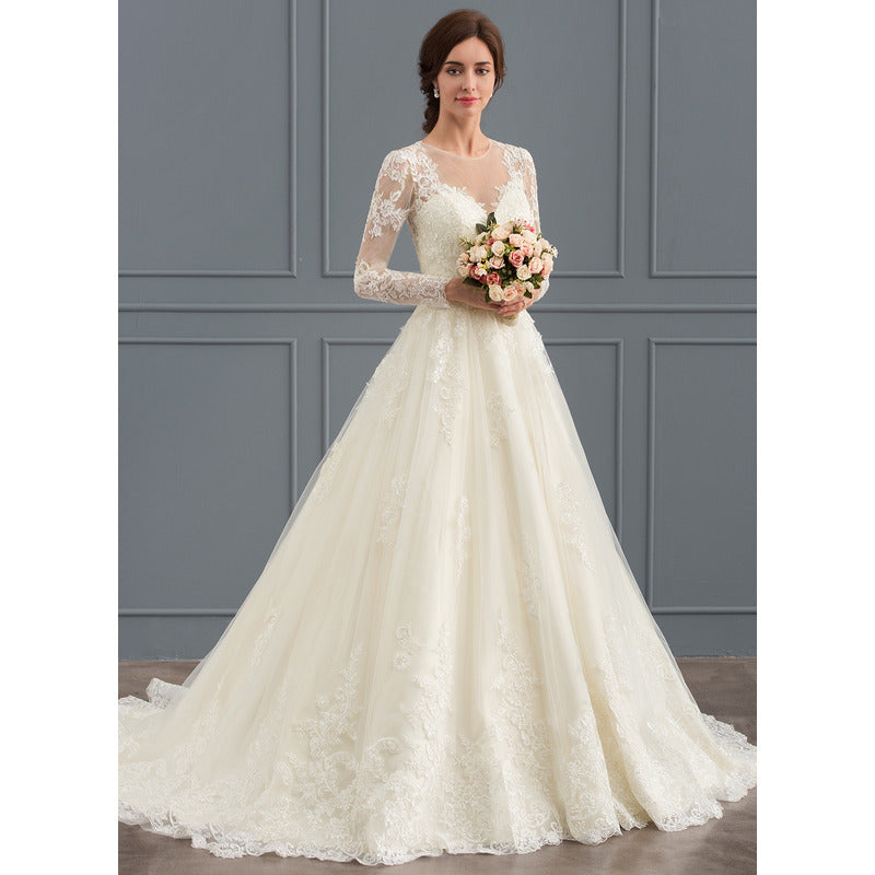 Bridal Wedding Dress White Long Sleeve Long Illusion Ball-Gown Princess