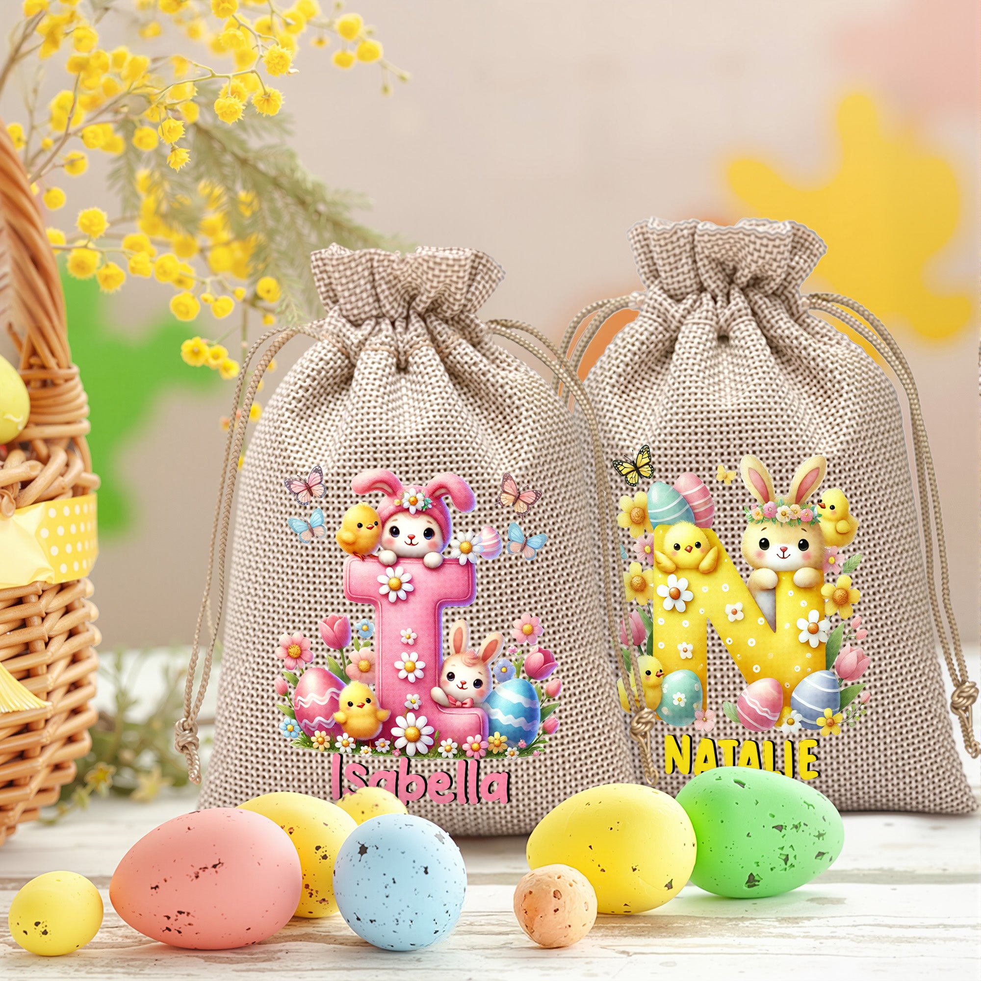 Conejito de Pascua de dibujos animados personalizado Bolsa de regalo de caramelos con inicial y nombre Fiesta de Pascua Regalo para niños Niñas